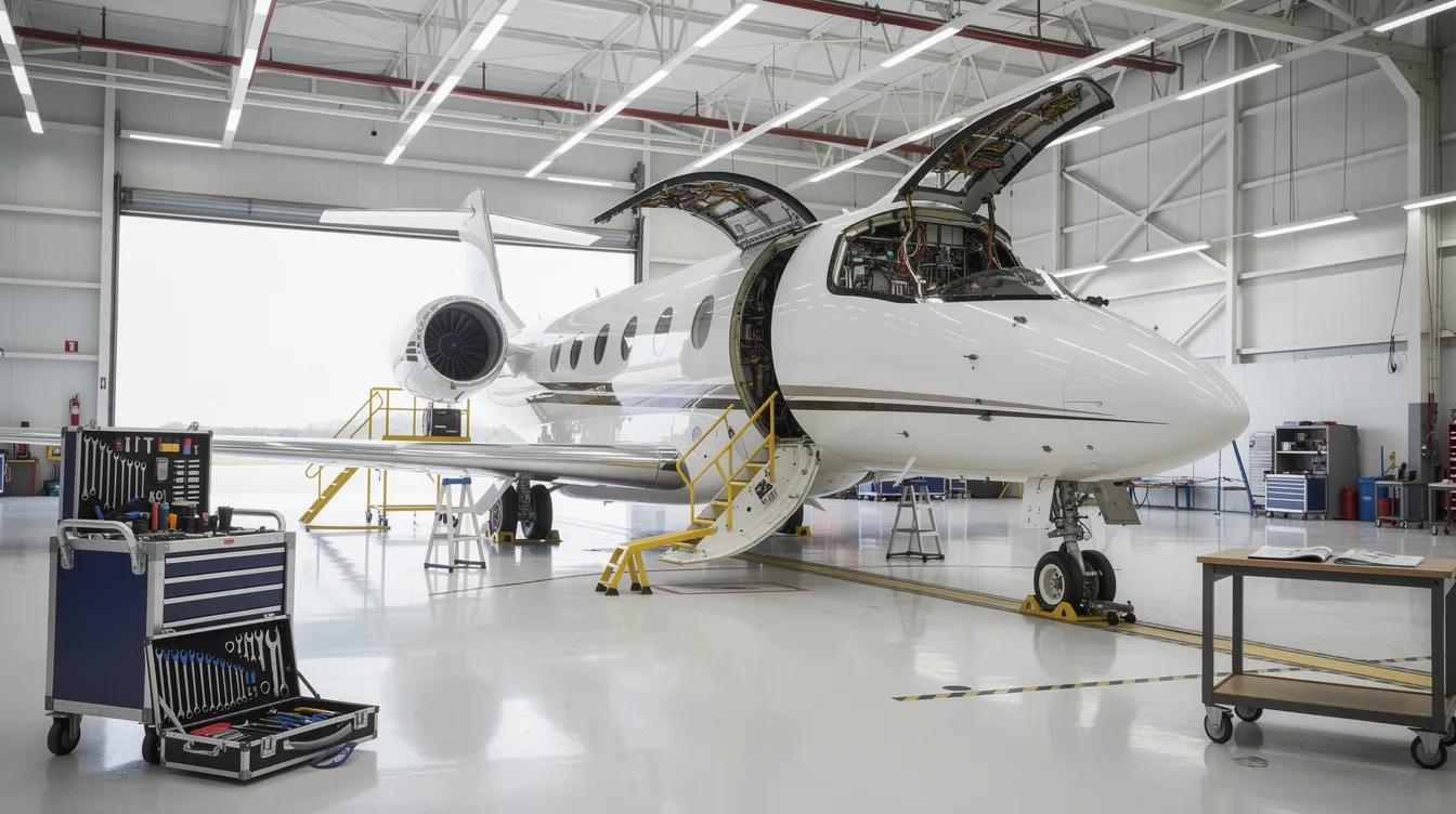 The image shows the interior of a well-lit maintenance hangar featuring a private jet with its engine panels open, revealing advanced avionics and maintenance tools scattered around. This setting highlights the meticulous care and attention required for aircraft ownership and maintenance, particularly for modern light jets like the Cirrus Vision Jet.