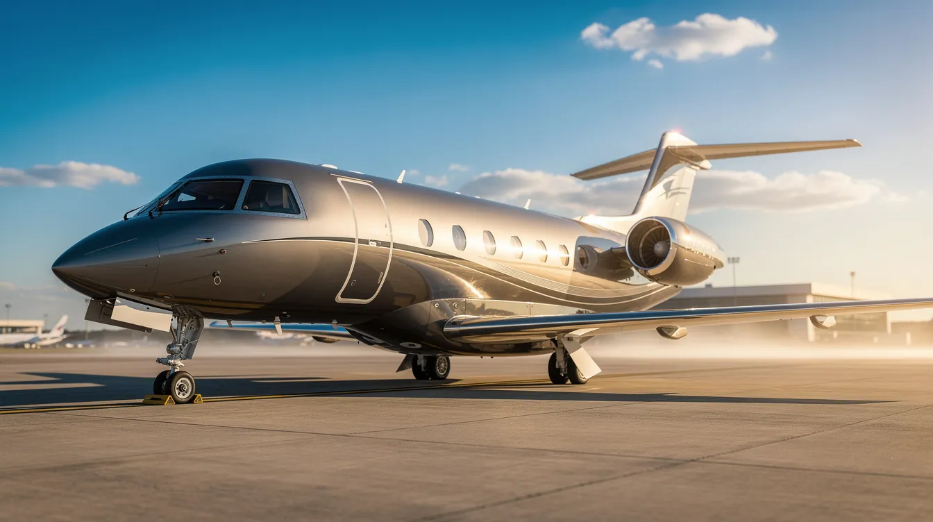 A sleek private jet is parked on a sunlit tarmac, with a clear blue sky in the background, showcasing the allure of private aviation. This image highlights the luxury and convenience of private jet travel, appealing to discerning travelers interested in fractional ownership options.