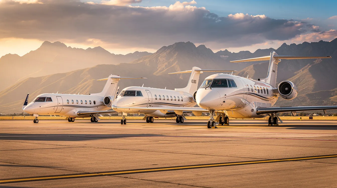 The image shows three private jets of varying sizes parked side by side on an airport ramp, set against a backdrop of majestic mountains. This scene highlights the diversity of private aviation options available for fractional ownership, catering to discerning travelers looking for cost-effective solutions in private jet travel.