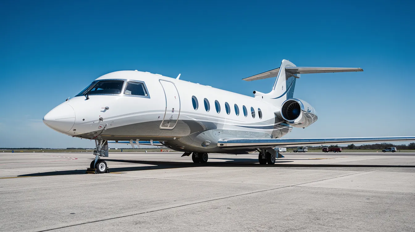 A sleek modern private jet is parked on a tarmac, set against a backdrop of a clear blue sky, symbolizing the luxury and convenience of private aviation. This image reflects the appeal of fractional jet ownership, which allows multiple owners to share the costs and benefits of aircraft ownership.
