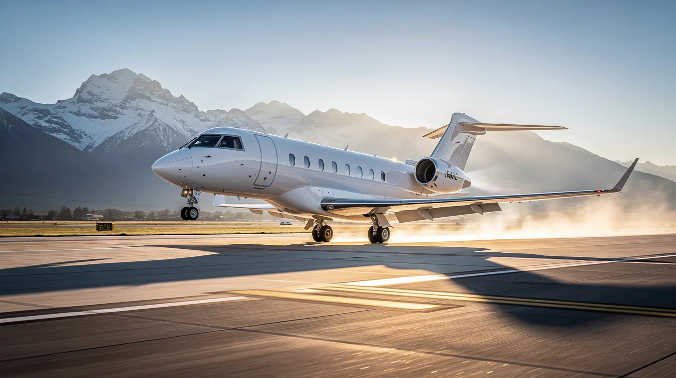 A private jet is taking off from a runway, with majestic mountains visible in the background, symbolizing the luxury and efficiency of private aviation. This scene highlights the benefits of fractional jet ownership, allowing multiple owners to enjoy the convenience of private aircraft without the full costs of ownership.