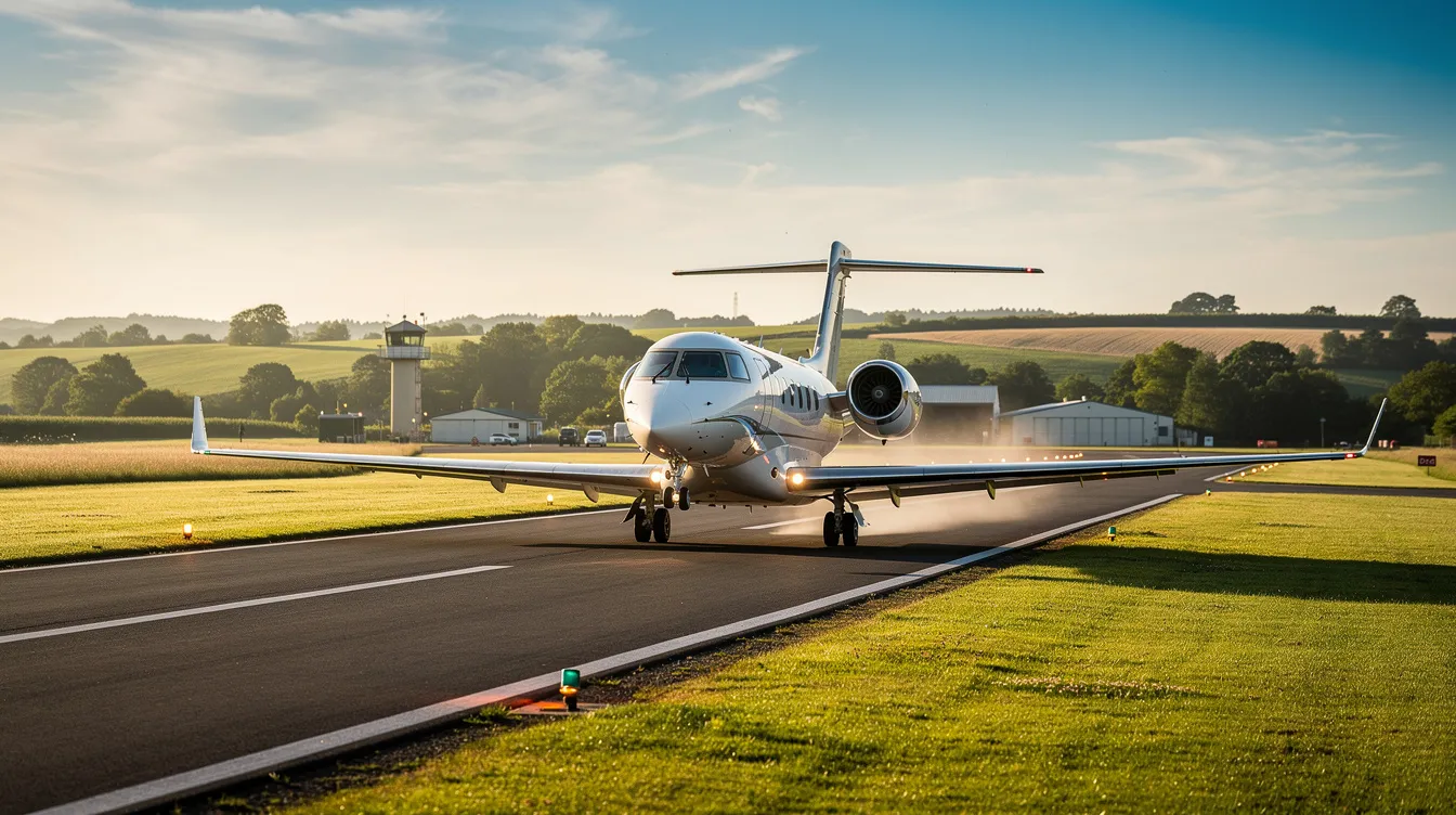 A light private jet is taking off from a small regional airport runway, surrounded by lush green landscapes. This scene captures the essence of private aviation, highlighting the appeal of fractional jet ownership for those seeking cost-effective air travel solutions.