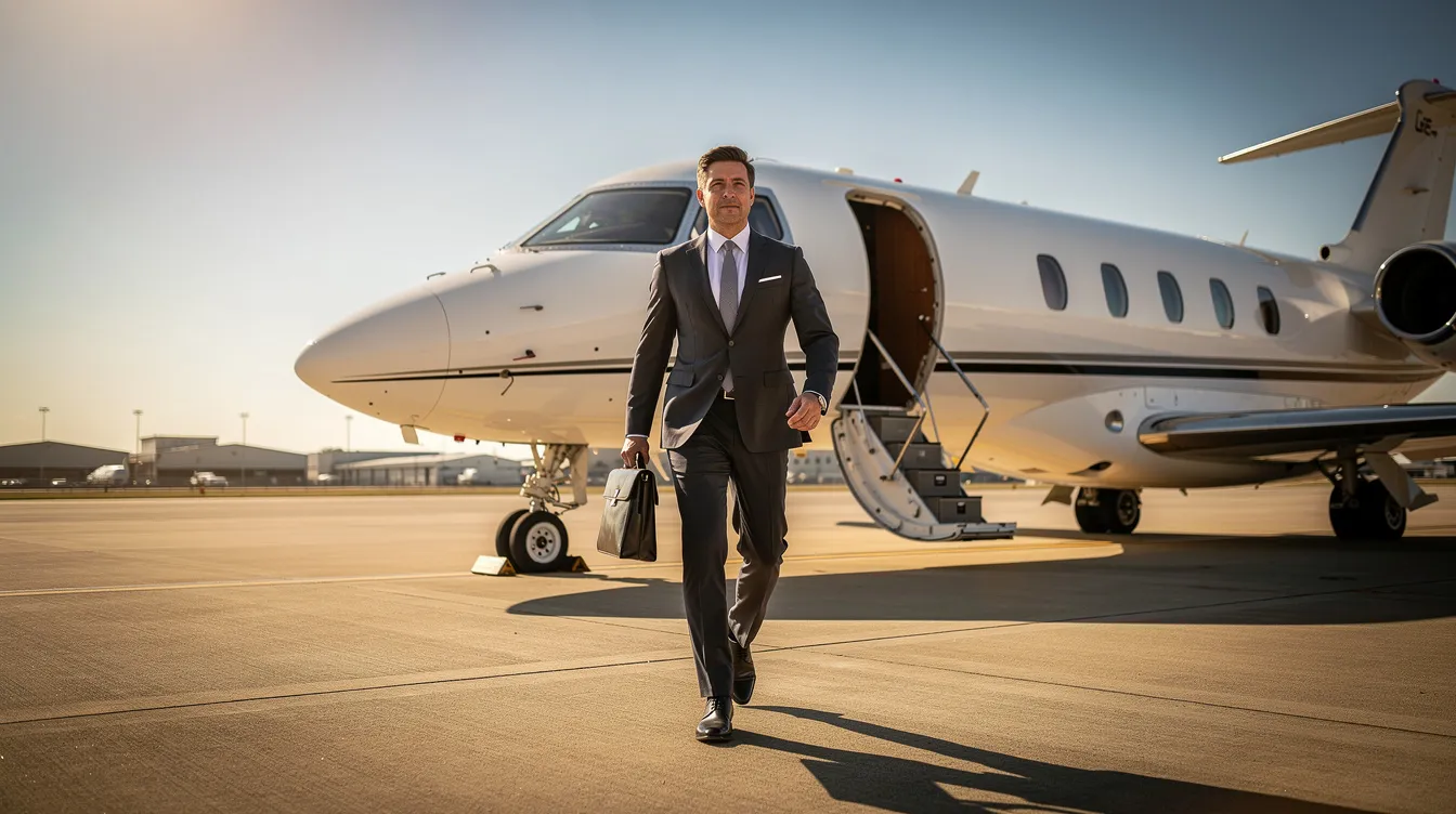 An executive in a tailored business suit walks confidently toward a waiting midsize private jet on a sunlit tarmac, highlighting the appeal of private air travel. This scene reflects the allure of fractional jet ownership, which offers guaranteed availability and cost-effective access to high-end aircraft without the full ownership burden.
