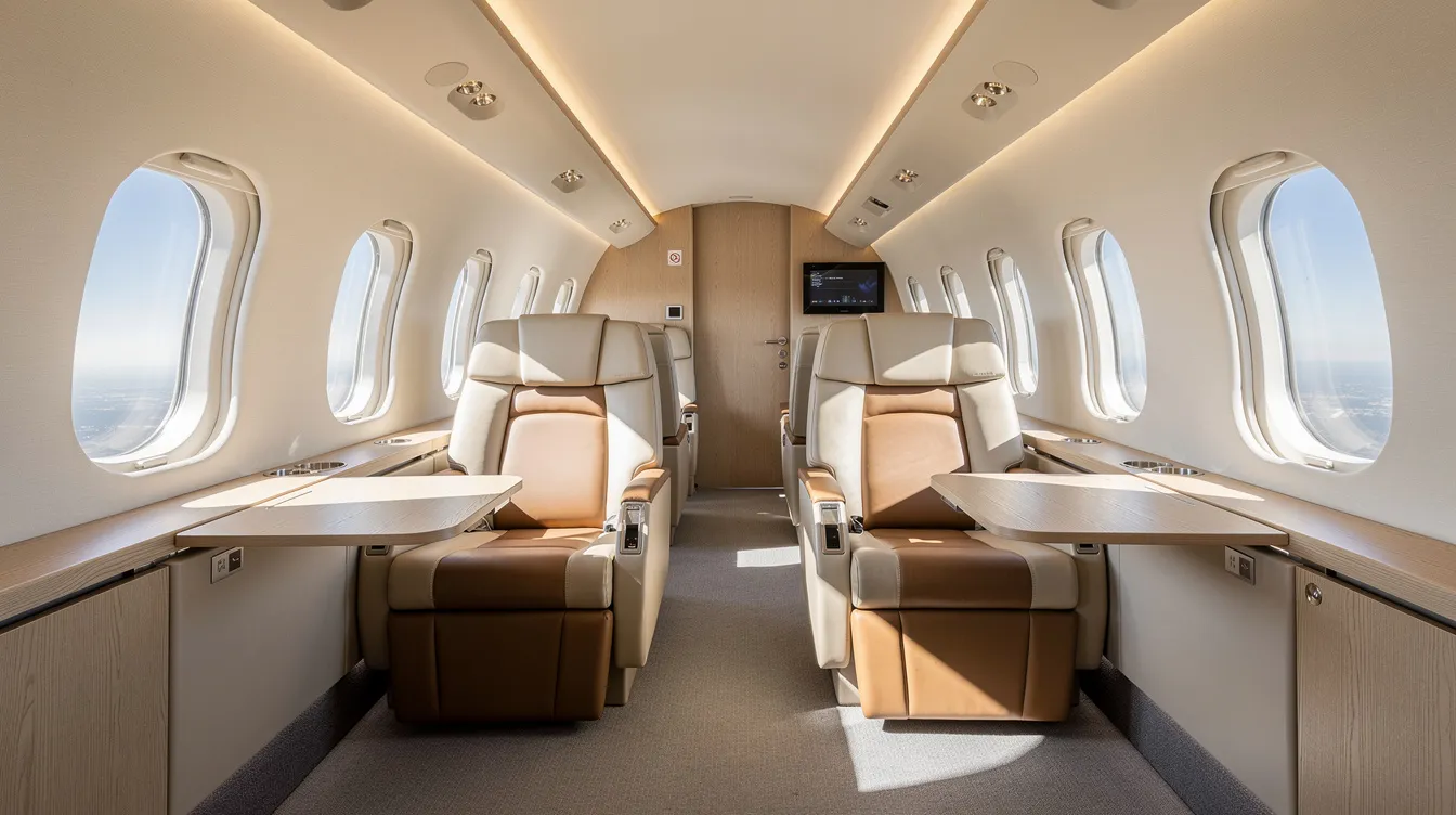 The image depicts the interior of a modern midsize private jet cabin featuring plush leather seats and ample natural light streaming through oval windows. This luxurious setting highlights the comfort and elegance associated with private air travel and fractional jet ownership, making it an appealing option for those considering fractional ownership programs.