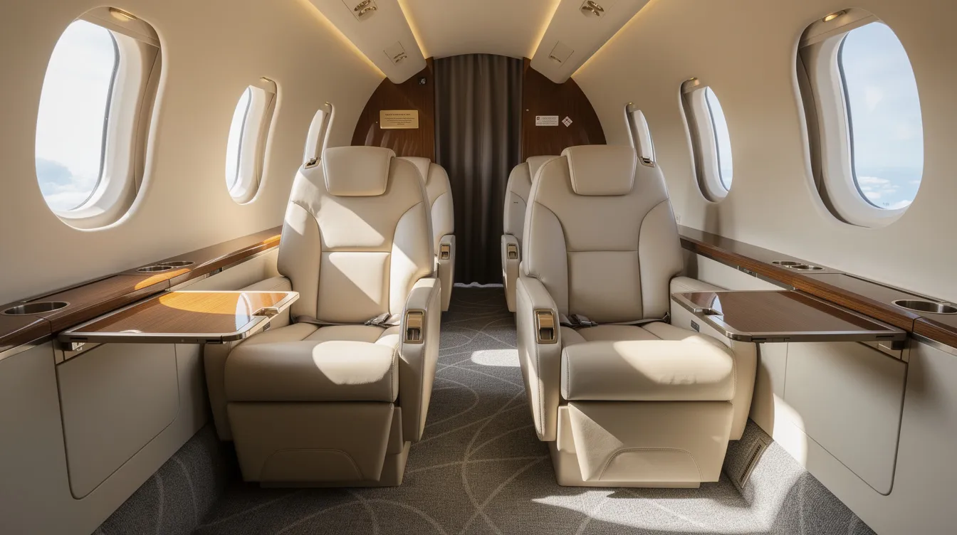 The image shows the interior of a midsize private jet cabin, featuring plush leather seats and abundant natural light streaming through the windows. This luxurious setting is ideal for private flights, offering travelers a comfortable and elegant atmosphere in the world of private aviation.