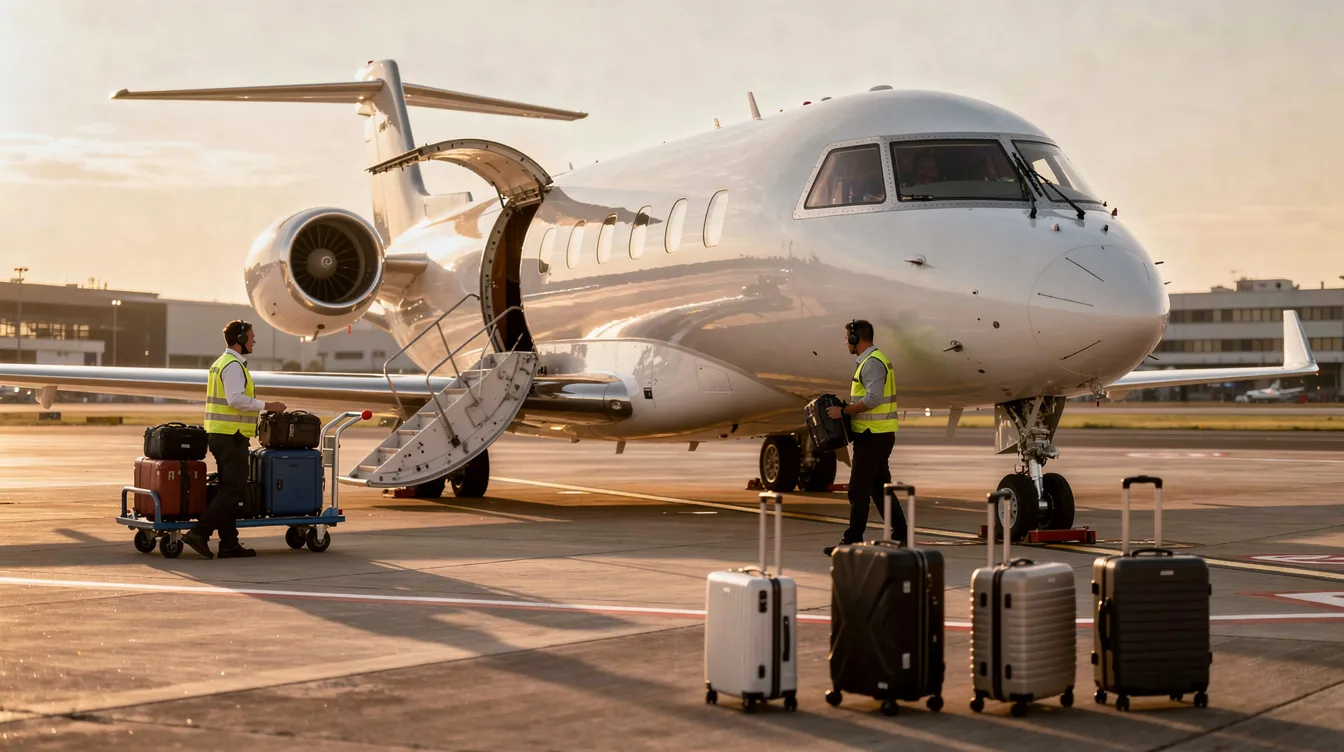 A private jet is being prepared for departure on the ramp, with ground crew loading luggage and ensuring everything is in order for the flight. This scene highlights the meticulous service associated with private aviation, showcasing the efficiency of private jet membership programs.