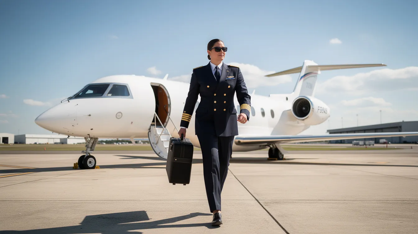 A professional pilot in uniform is walking toward a private jet on an airport ramp under a clear blue sky, illustrating the allure of private aviation and the benefits of fractional jet ownership for efficient travel. The scene captures the essence of aircraft ownership and the exclusivity associated with flying private.