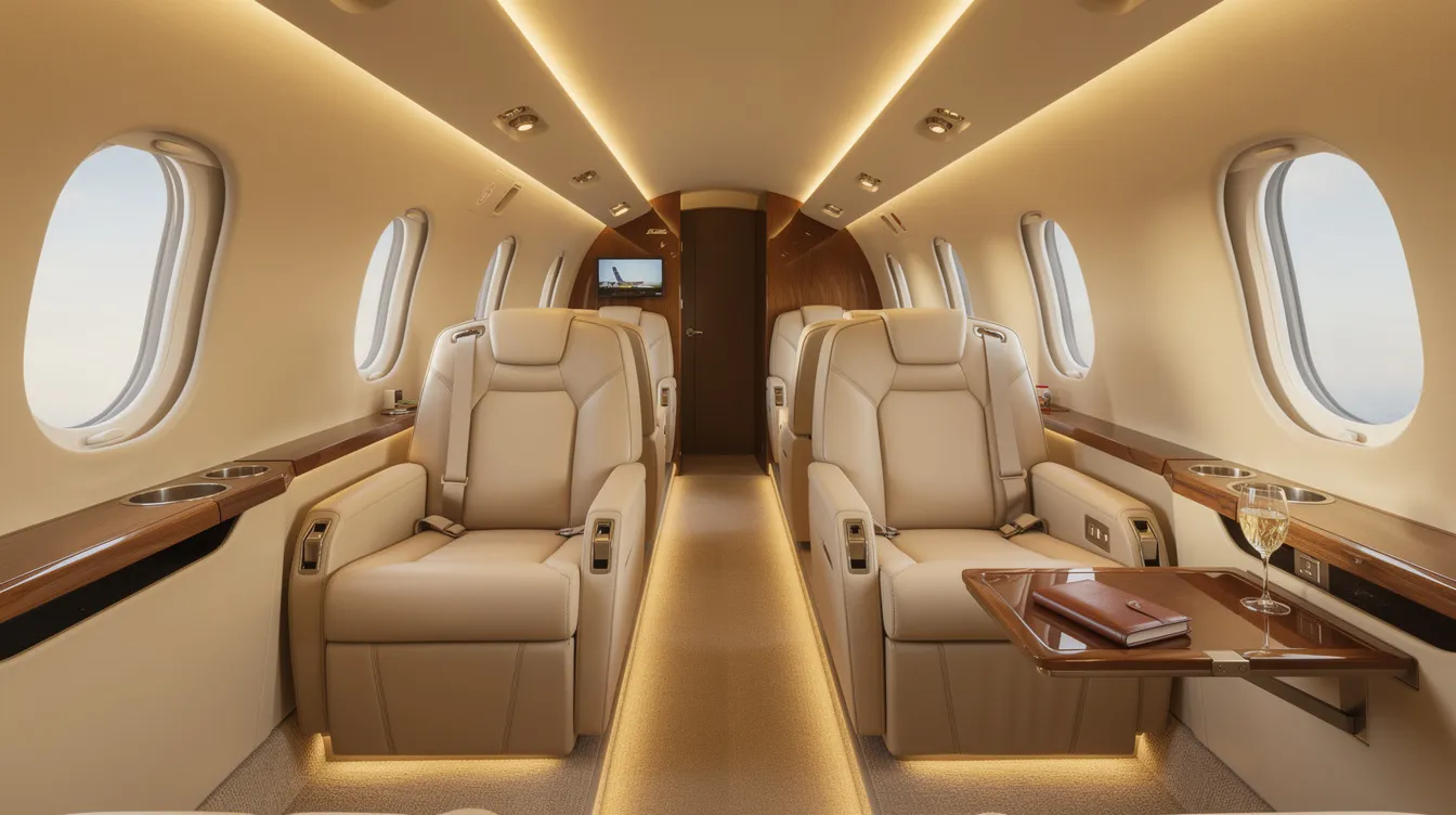 The image depicts the interior of a midsize private jet cabin featuring cream leather seats and warm ambient lighting, creating a luxurious and inviting atmosphere for passengers. This setting exemplifies the comfort and elegance associated with private aviation, particularly in fractional jet ownership programs where shared access to such aircraft is offered.