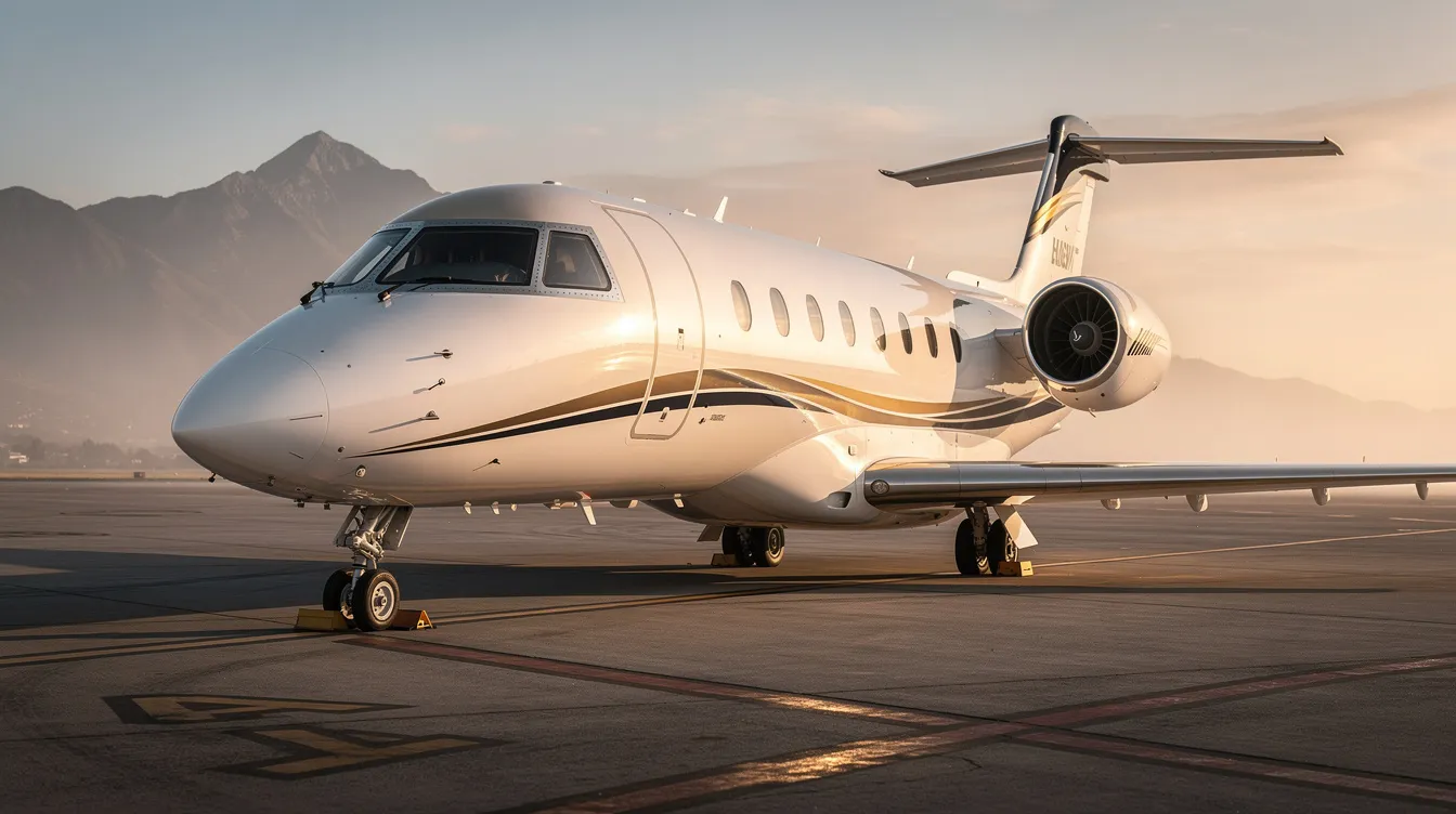 A sleek private jet is parked on an airport tarmac during golden hour, with majestic mountains in the background, showcasing the allure of private aviation. This scene captures the essence of private jet ownership and the luxurious experience of fractional jet ownership.