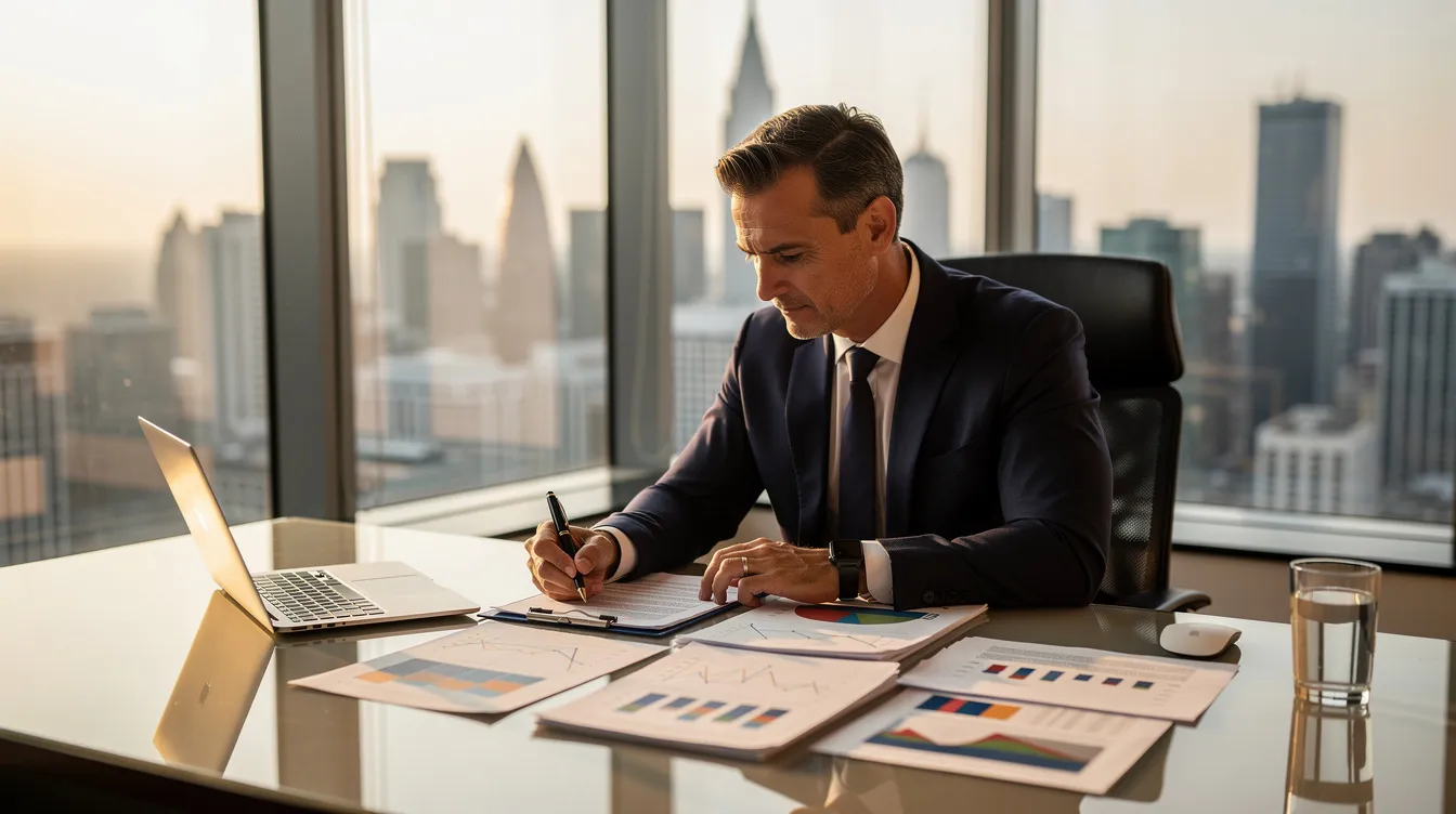 A business executive is seated at a desk, intently reviewing financial documents with a city skyline visible through the window. The scene reflects the financial considerations and complexities of private aviation options, such as fractional ownership and private jet travel.