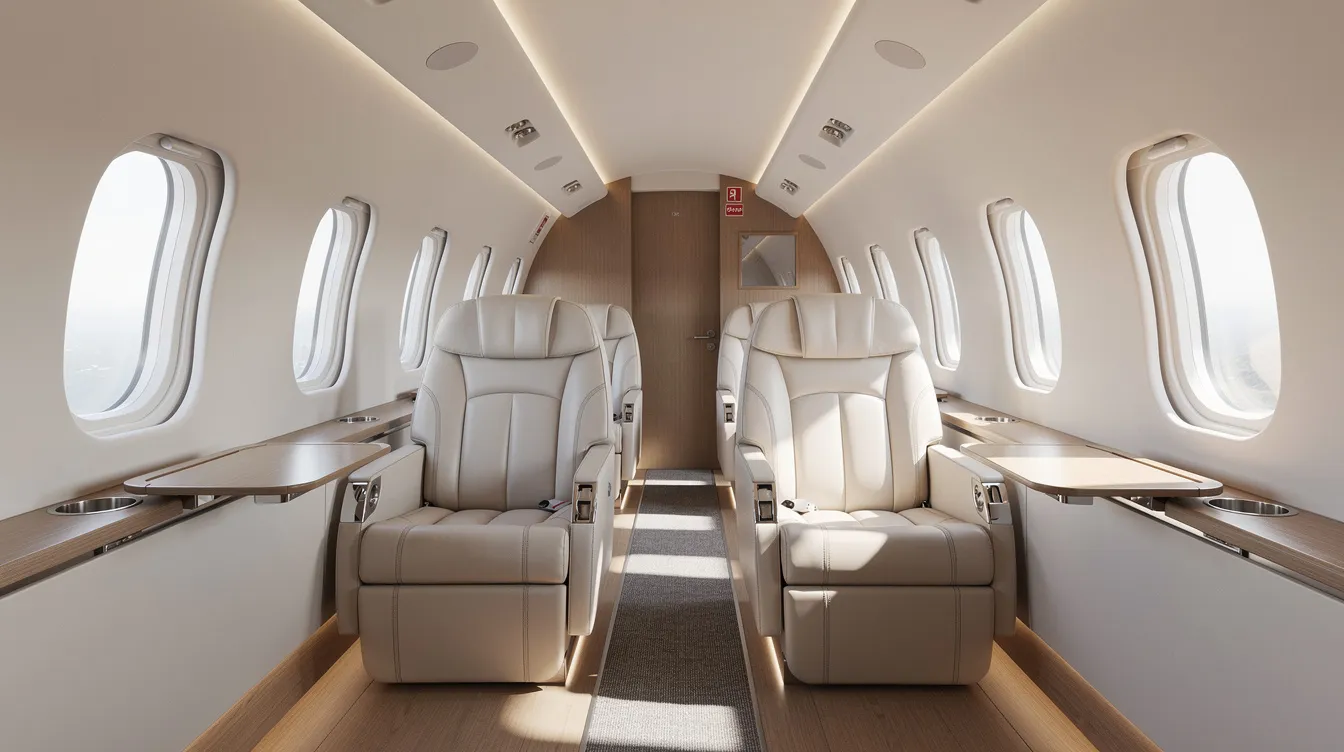The image depicts the interior of a modern midsize business jet cabin, featuring luxurious leather seats and ample natural light filtering through large windows. This elegant space is designed for private aviation, highlighting the comfort and sophistication that fractional aircraft ownership can offer to multiple owners.
