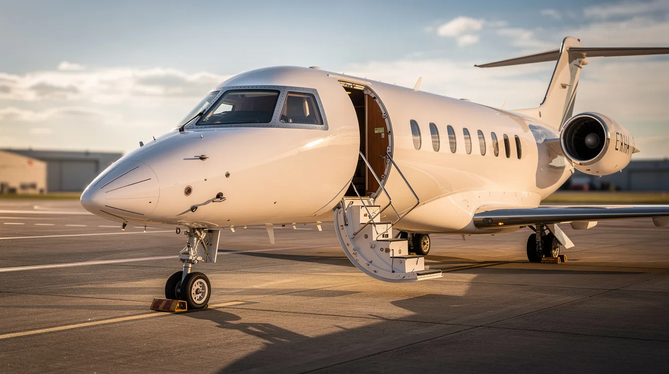 A sleek private jet is parked on a sunlit tarmac, with its cabin door open and stairs extended, inviting passengers for a luxurious flight experience. This image reflects the allure of private aviation and the benefits of fractional jet ownership, offering guaranteed availability and flexible travel plans.