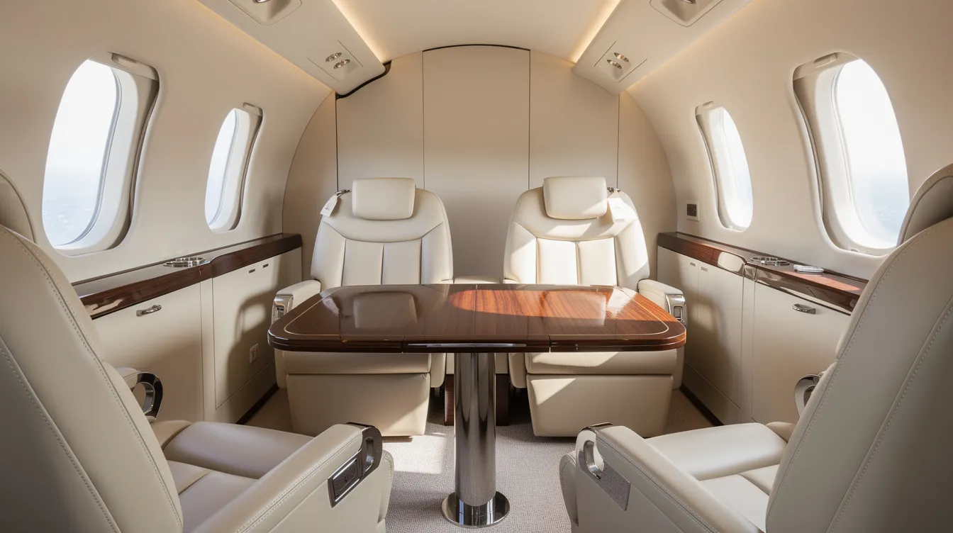 The image depicts the luxurious interior of a private jet cabin, featuring plush leather seats and a polished wood table, illuminated by natural light streaming through oval windows. This elegant setting exemplifies the comfort and exclusivity of private aviation, ideal for business travelers and those seeking a premium travel experience.