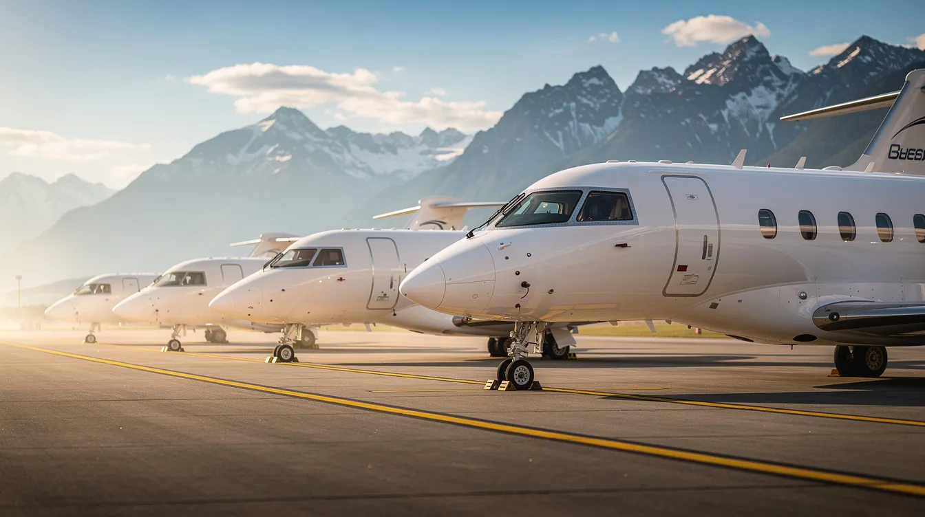 A lineup of several private jets of varying sizes is parked on an airfield, with majestic mountains in the background, showcasing the diversity of private aviation. This scene highlights the appeal of private jet travel, offering guaranteed aircraft availability and exclusive benefits for frequent travelers.