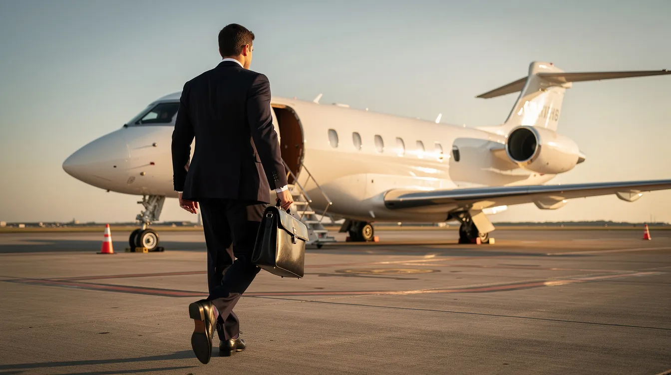 An executive confidently walks across a private terminal tarmac, briefcase in hand, heading towards a waiting private jet. This scene highlights the convenience and exclusivity of private aviation, ideal for business travelers seeking guaranteed access and exceptional service.