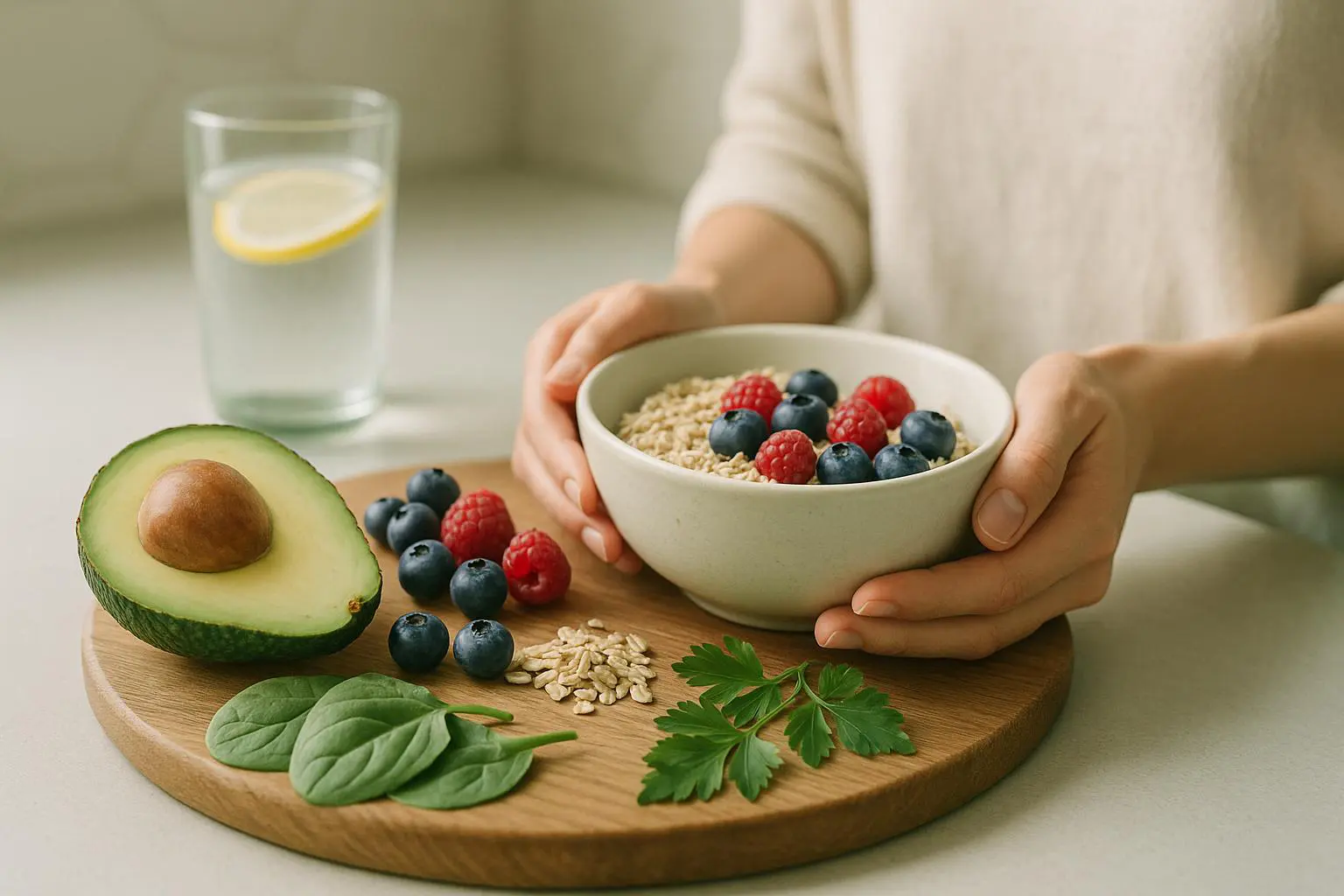 Gesundes Frühstück mit Obst, Joghurt und Haferflocken auf Holztisch