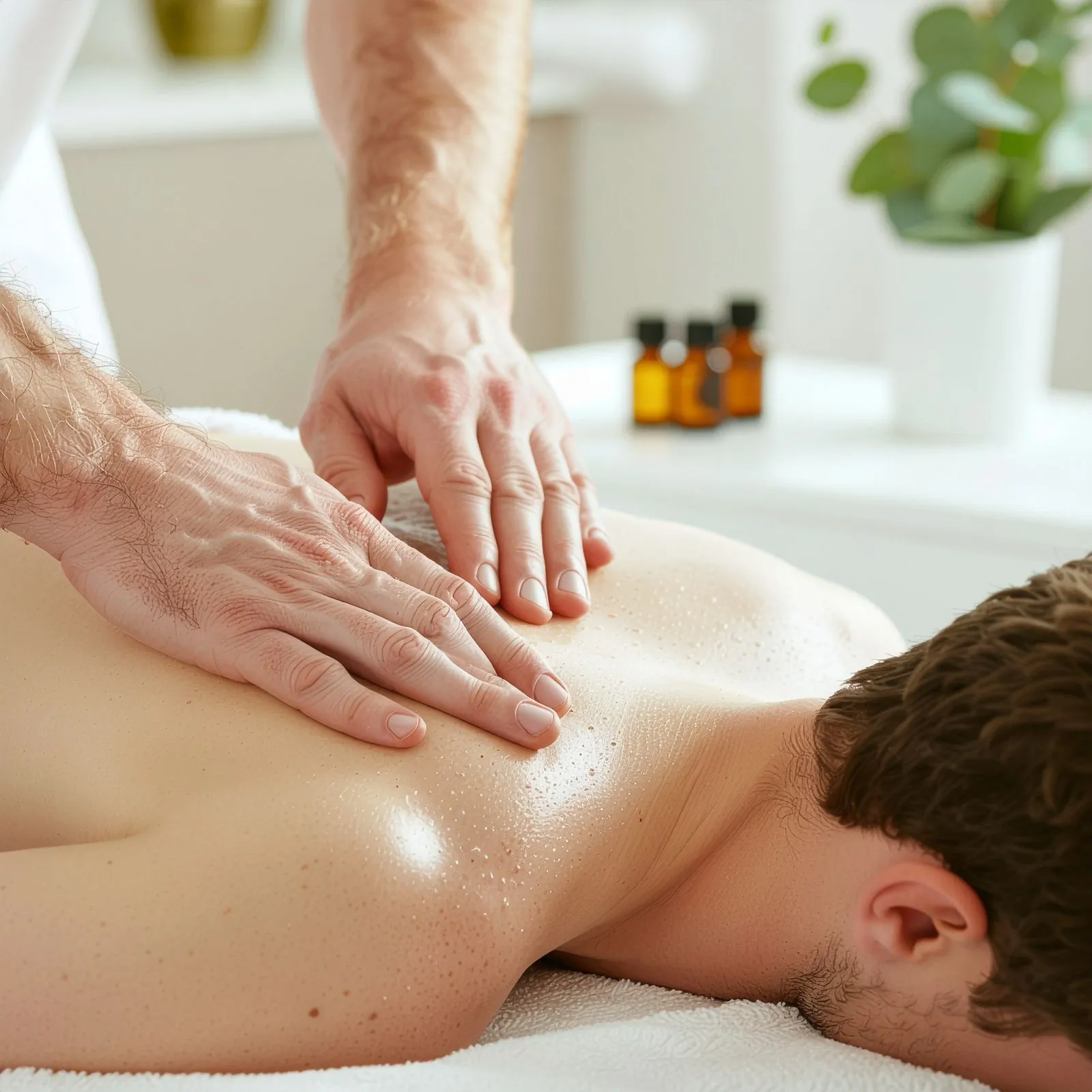 Mann erhält Rückenmassage in heller Praxis