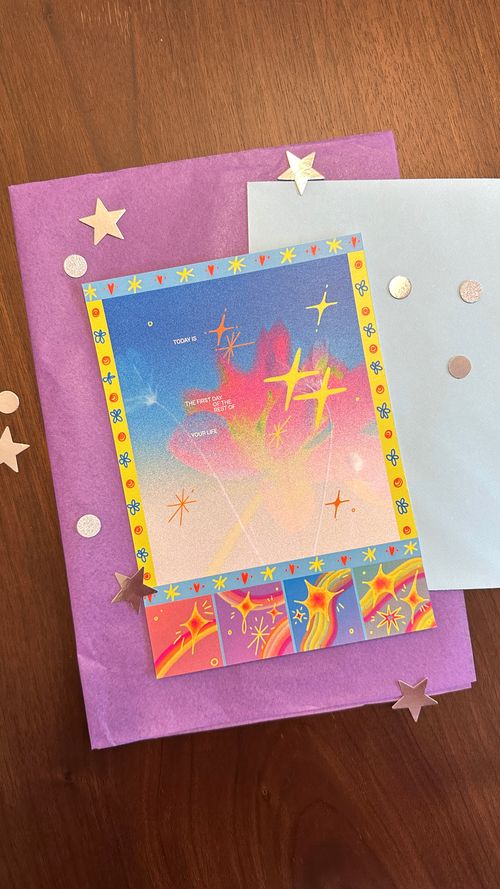 A print that says "Very cutesy, very mindful, very demure". The print is in gradients, with pink, yellow, and coral colours.