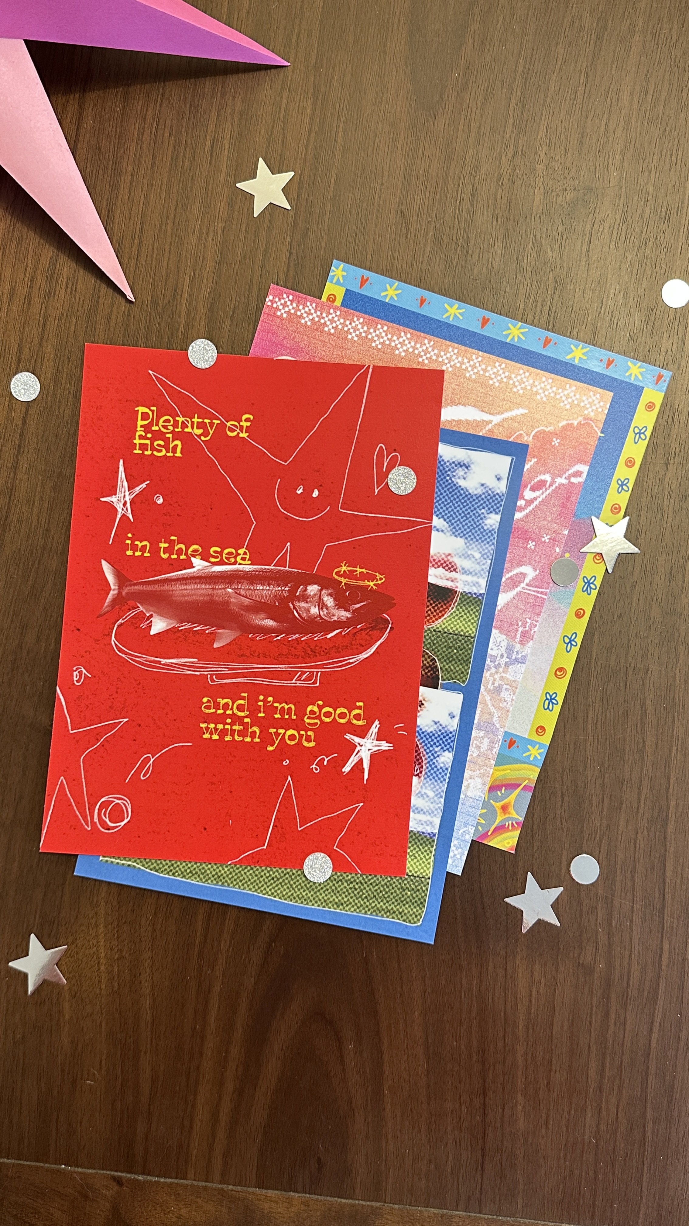 Some stacked art prints and designs from previous months of Morning Mail Club