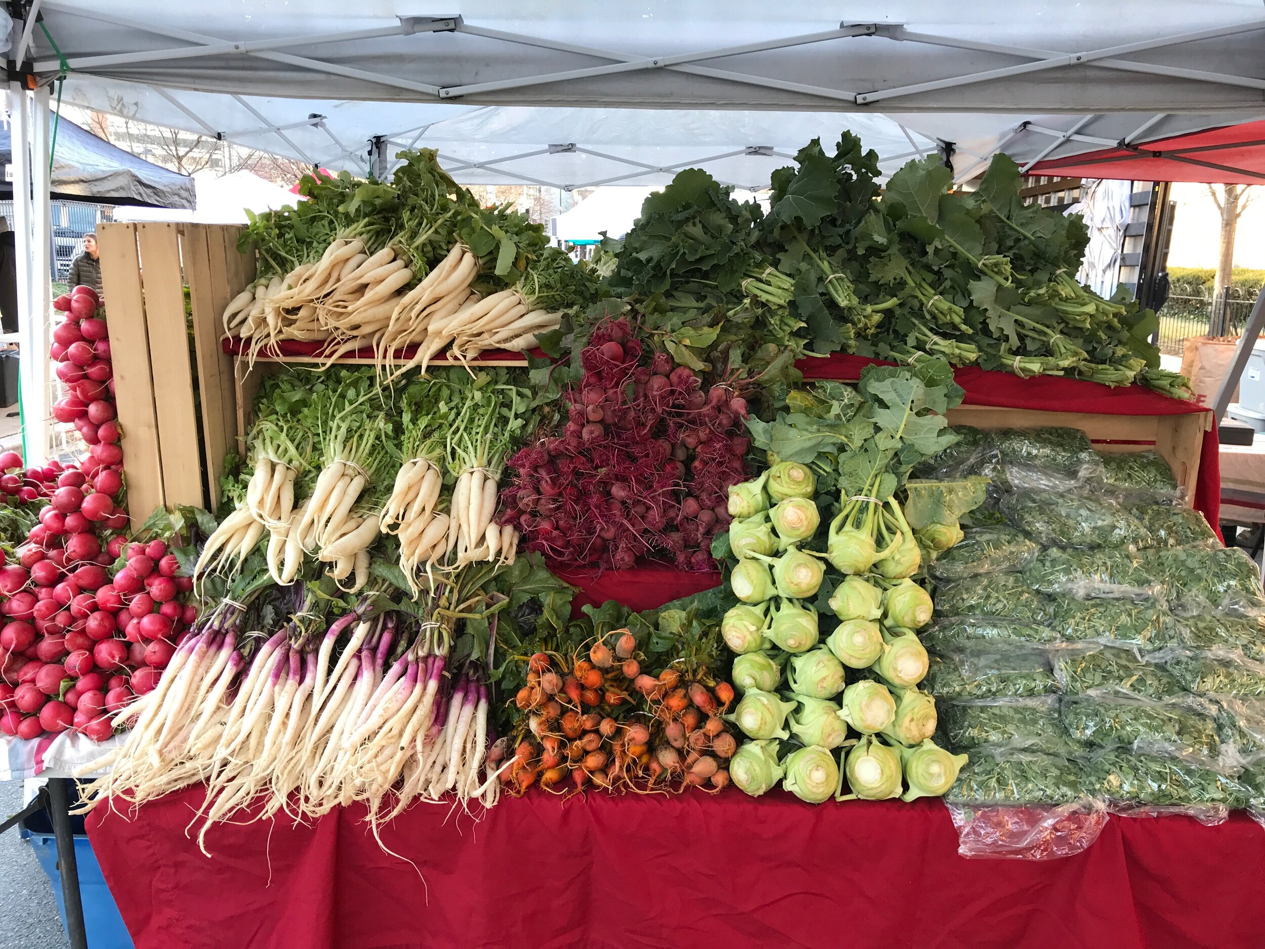 Radishes, turnips and greens on the Shenandoah Seasonal market table