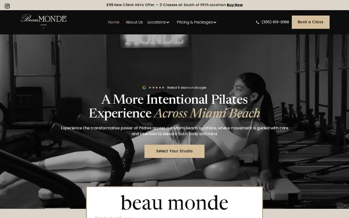 Homepage of the Beau Monde Pilates website