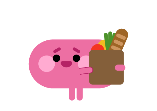 Illustrated character holding groceries.