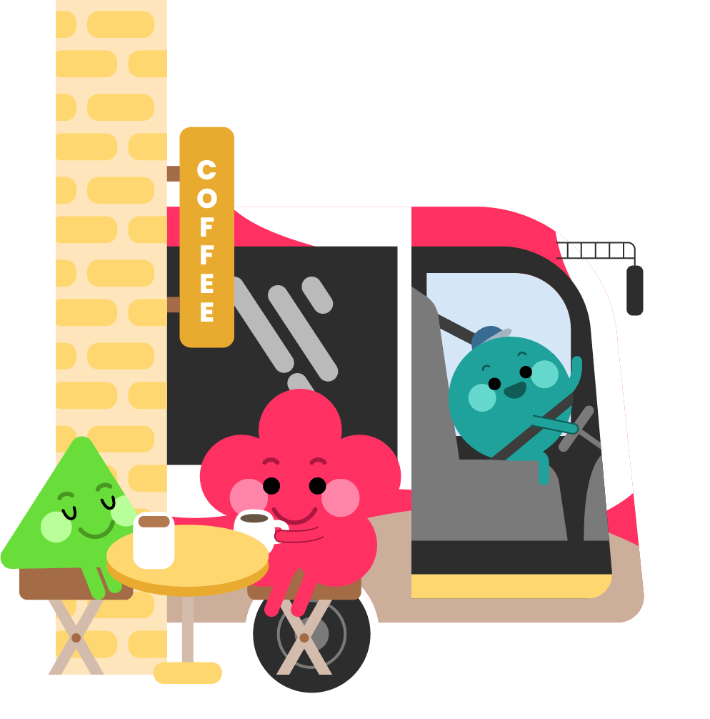 Illustrated bus driving past characters having coffee.