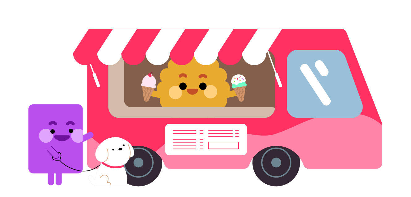 Illustrated characters selling ice cream from truck.