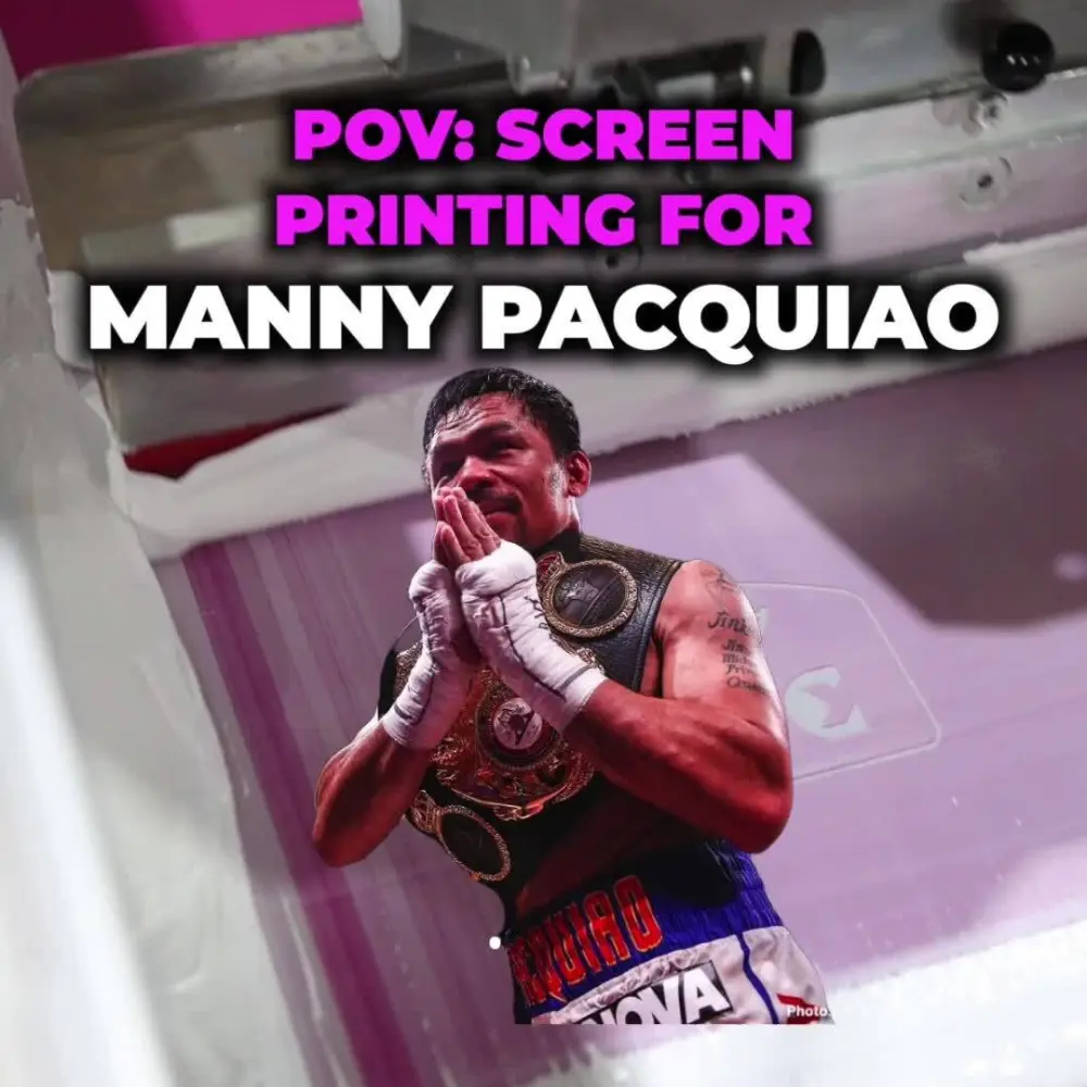 Screen printing process for Manny Pacquiao merchandise, custom apparel printing for athletes and celebrities."