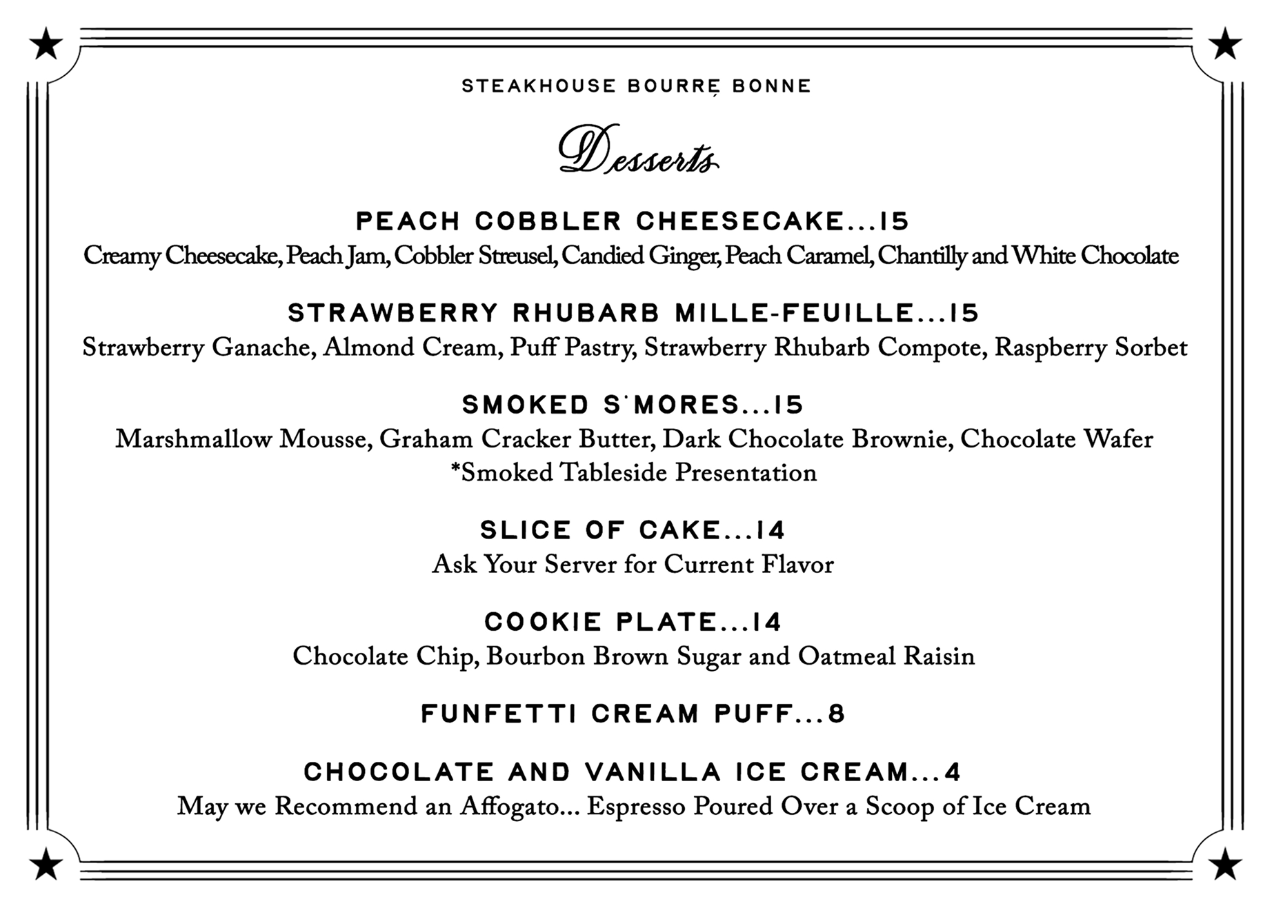 Steakhouse Bourré Bonne Dessert Menu