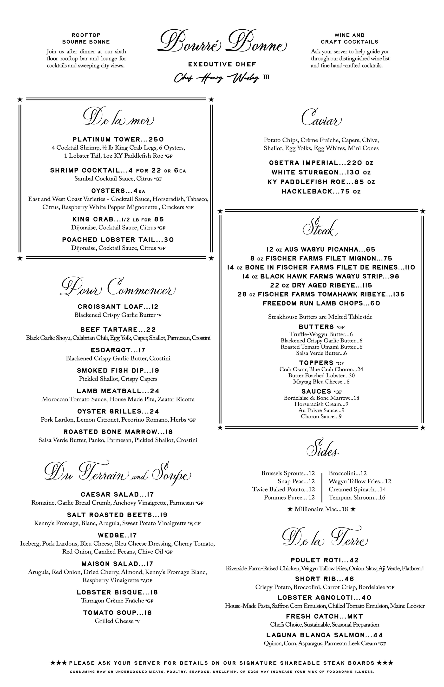 Steakhouse Bourré Bonne Dinner Menu