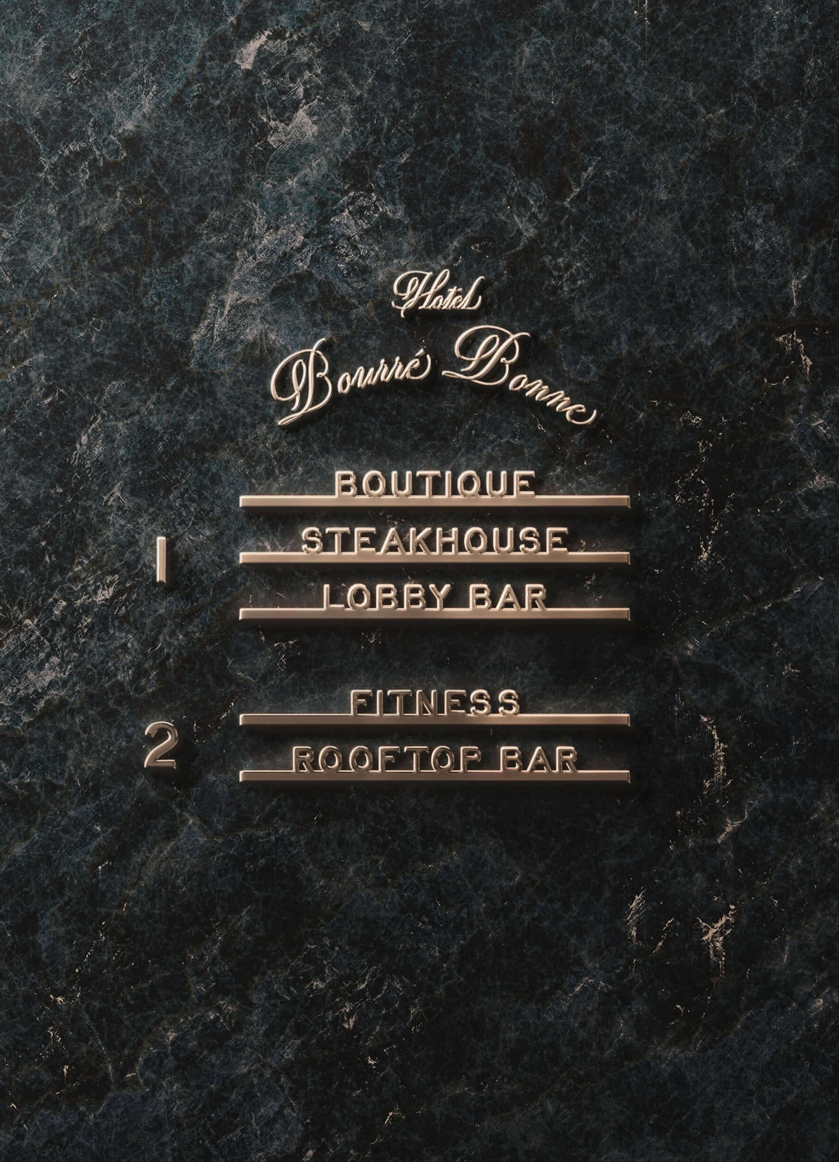 The name of a bar on a granite counter.