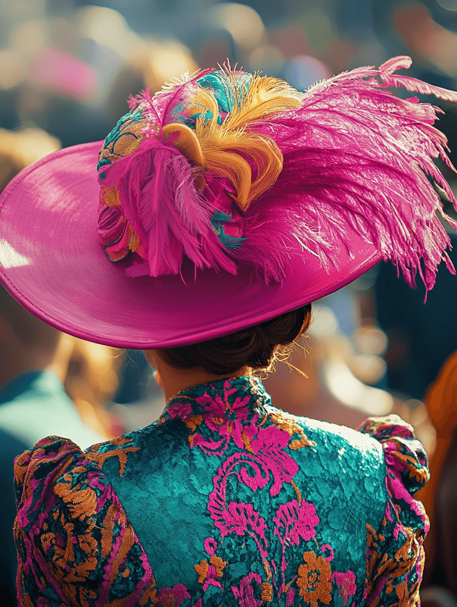 A woman wearing a pink hat with feathers.