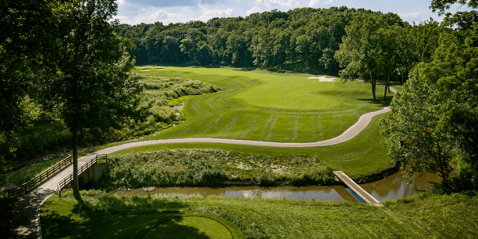 A view of a golf course from above.