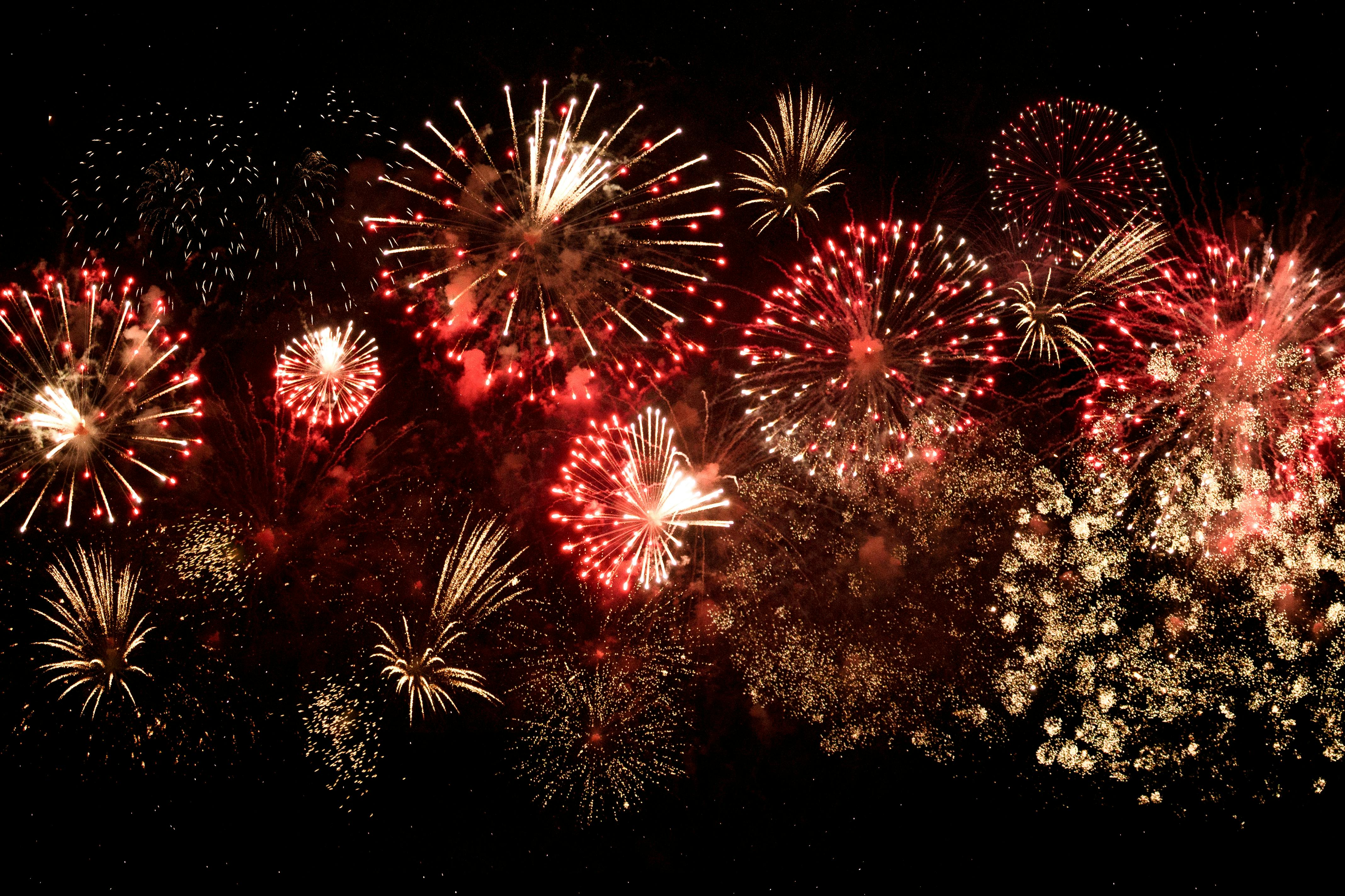 A bunch of fireworks are lit up in the night sky.