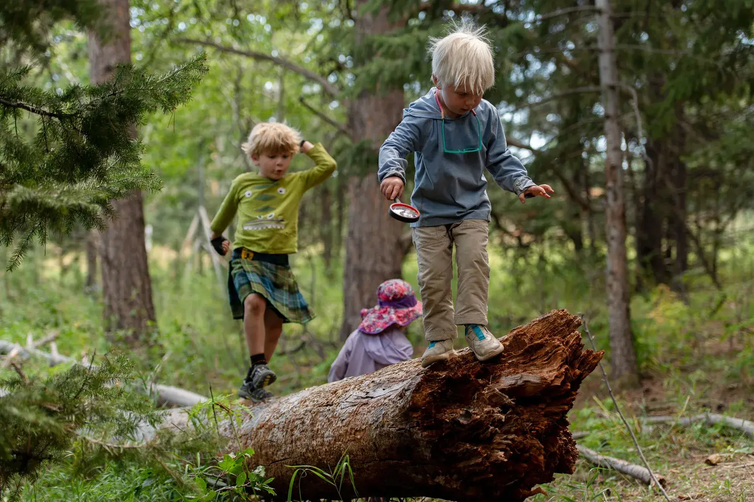 A couple of kids that are standing on a log.
