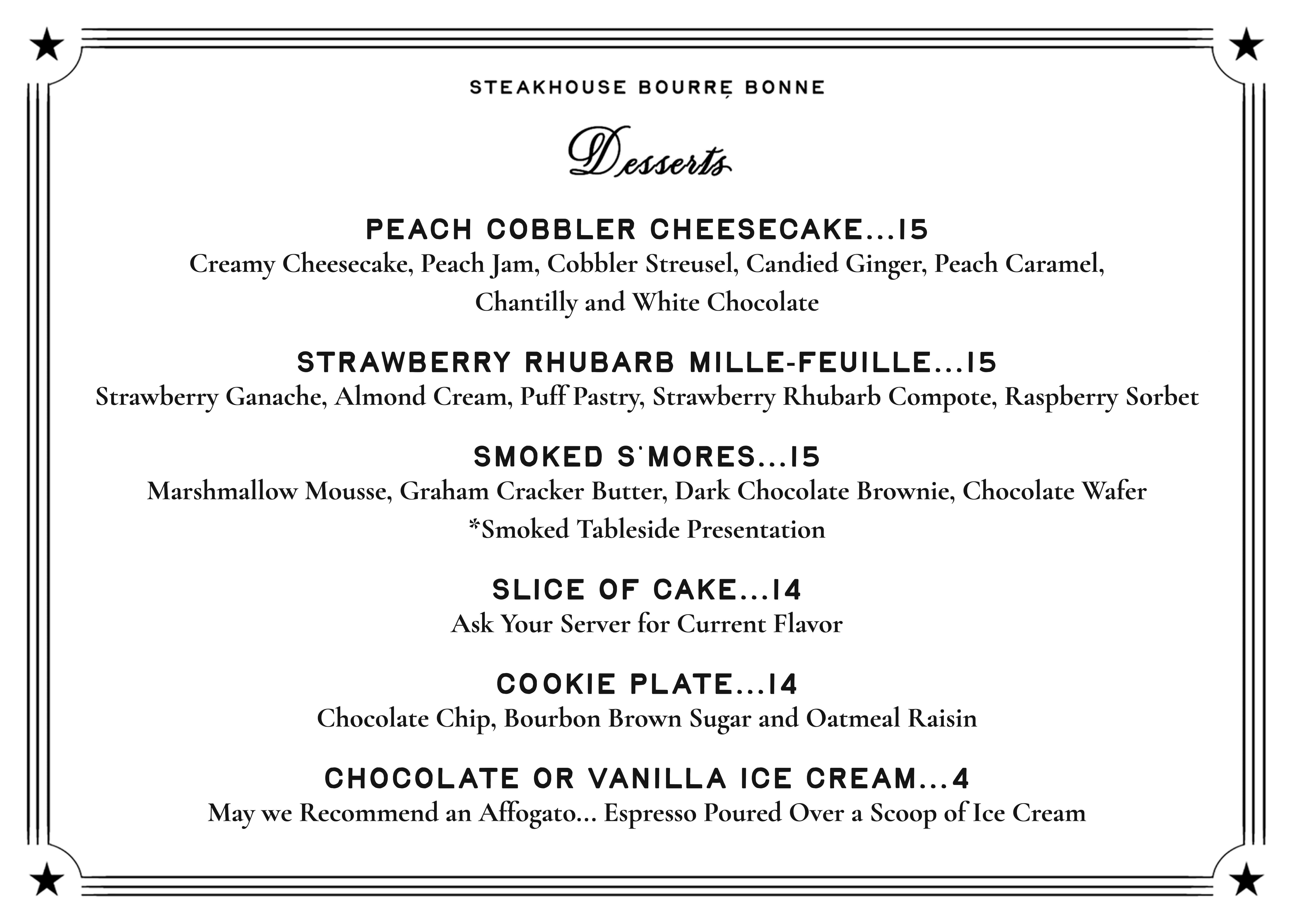 Hotel Bourré Bonne steakhouse dessert menu