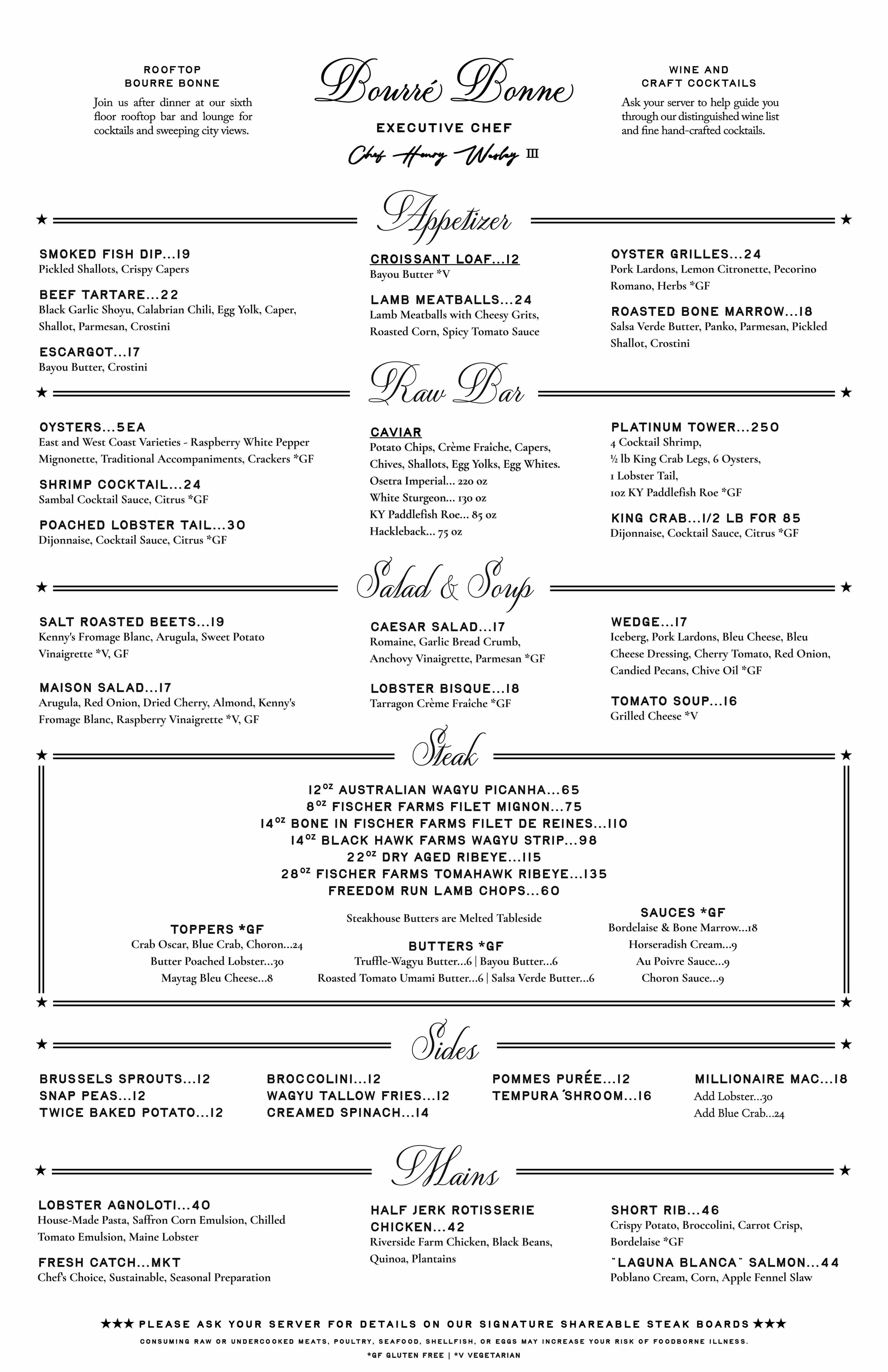 Hotel Bourré Bonne steakhouse menu