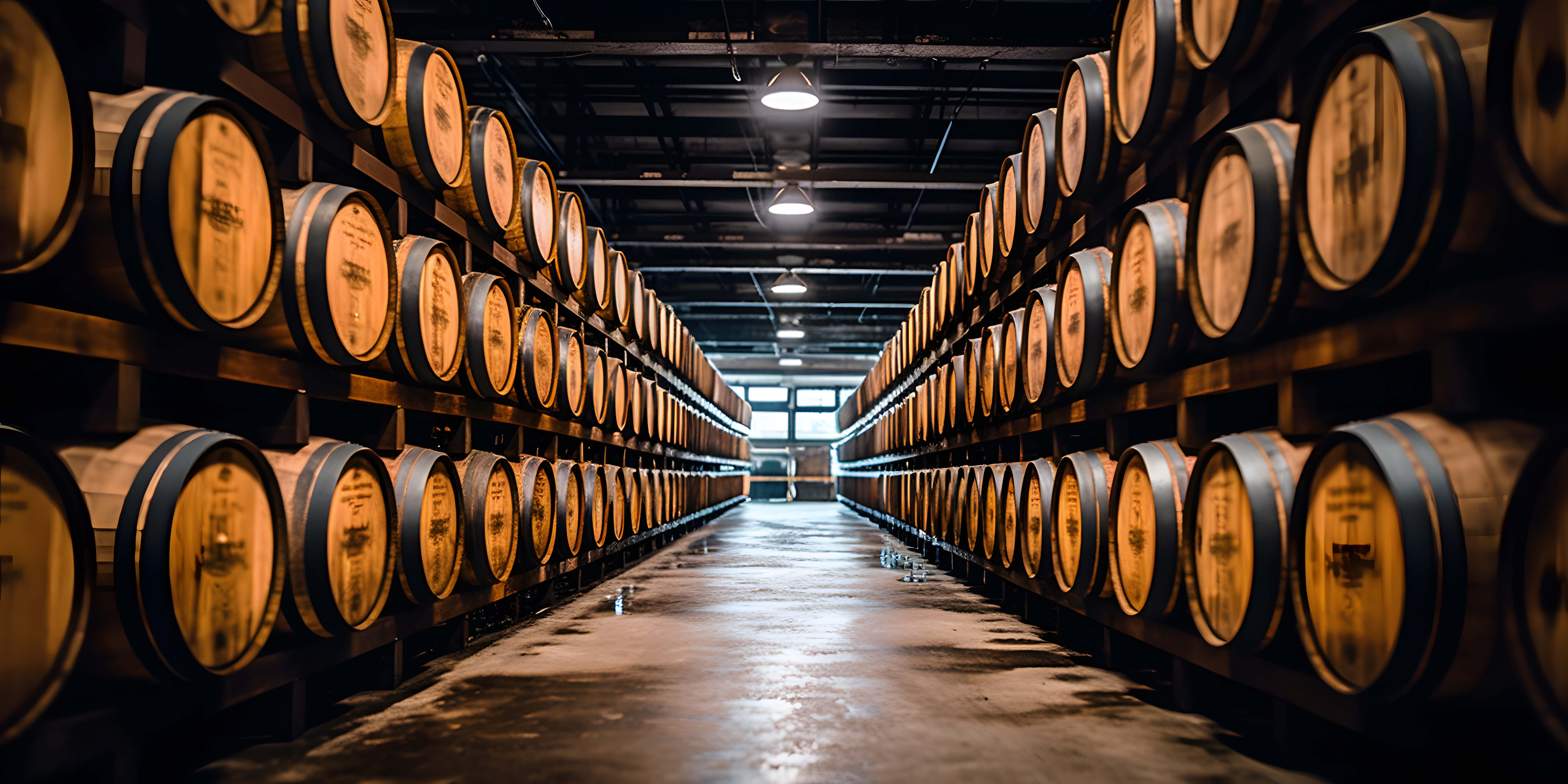 Warehouse aisle lined with rows of wooden barrels stacked on shelves for aging spirits.