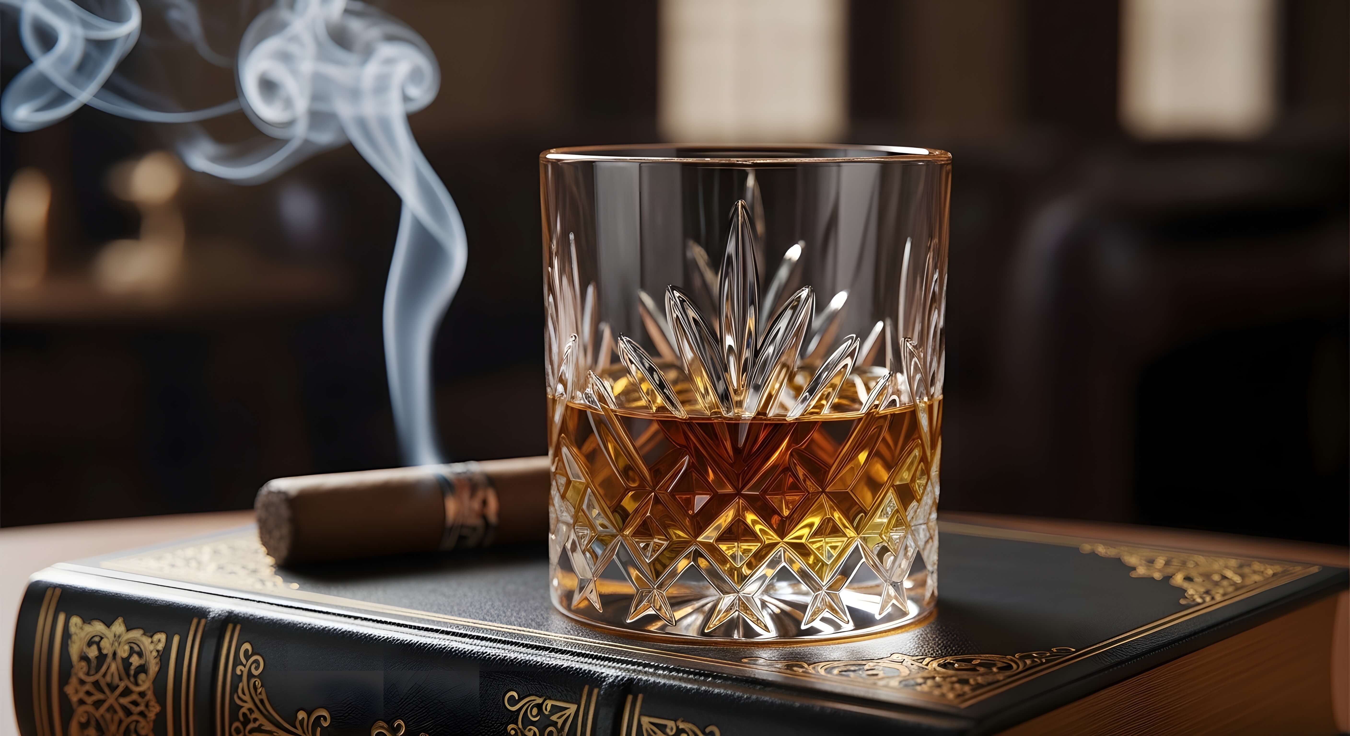 Glass of amber whiskey on an ornate leather-bound book with a lit cigar and swirling smoke in the background.