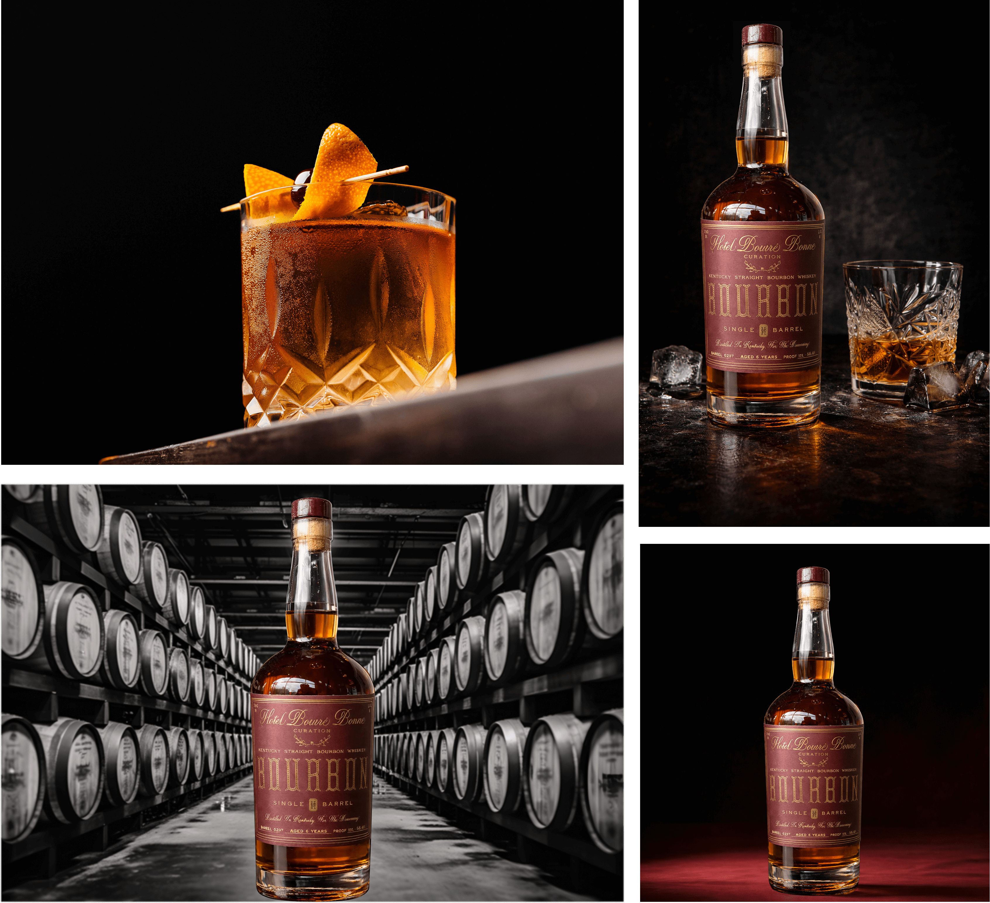 Collage of bourbon whiskey images: a glass with bourbon, orange peel, and cherry on a dark background; a bourbon bottle with a glass and ice cubes; the bottle alone in front of bourbon barrels; and the bottle standing on a red surface with a black backdrop.