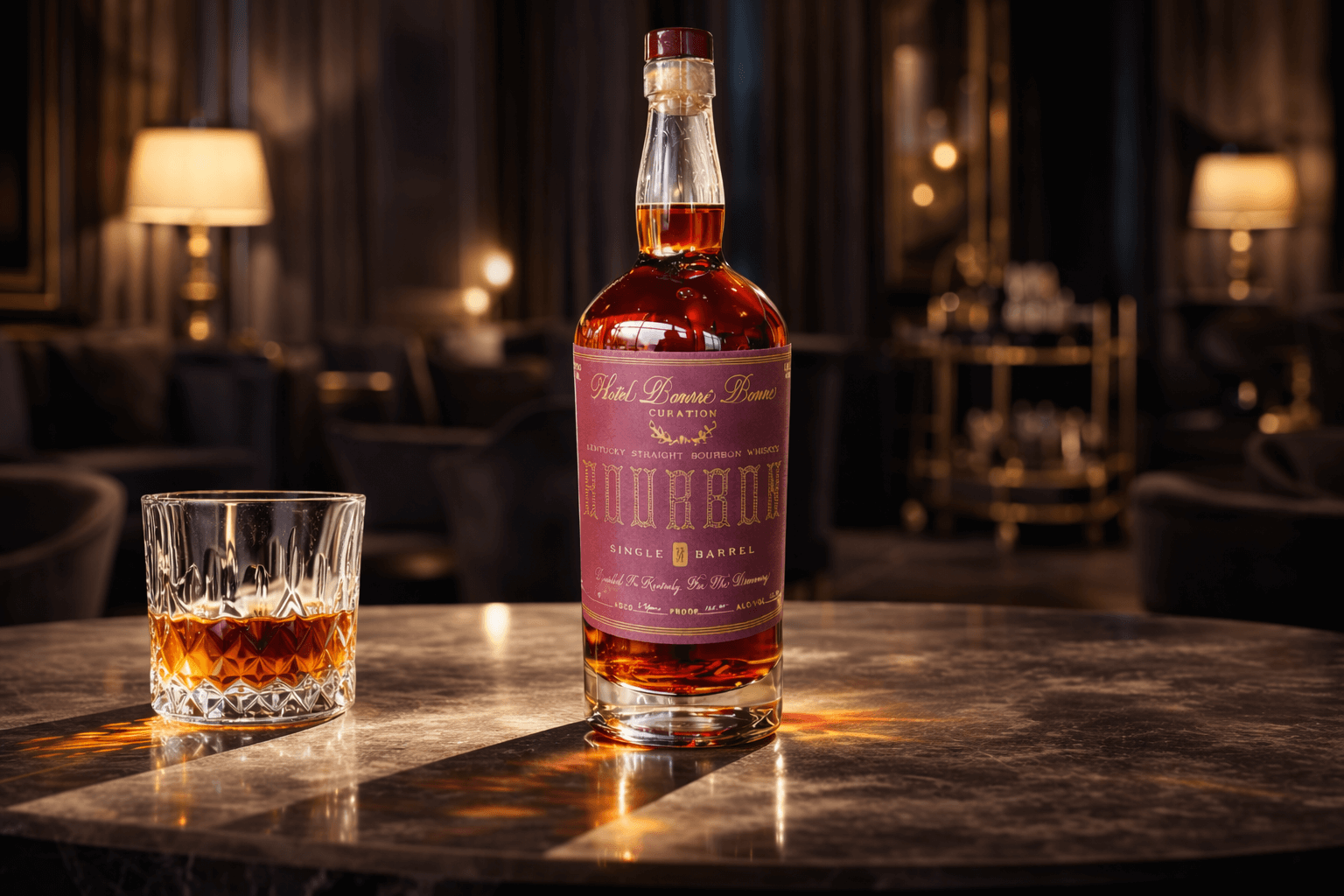 Bottle of Hotel Bonne Bonne bourbon whiskey and a glass with bourbon on a marble table in a dimly lit lounge.