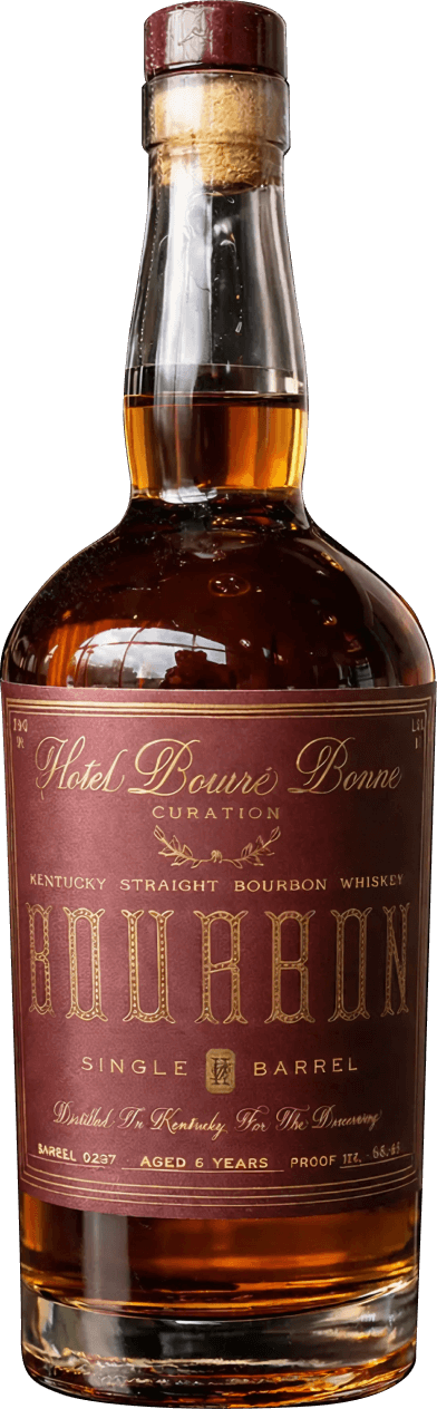 Bottle of Hotel Bouré Bonne Kentucky Straight Bourbon Whiskey aged 6 years with a single barrel label.