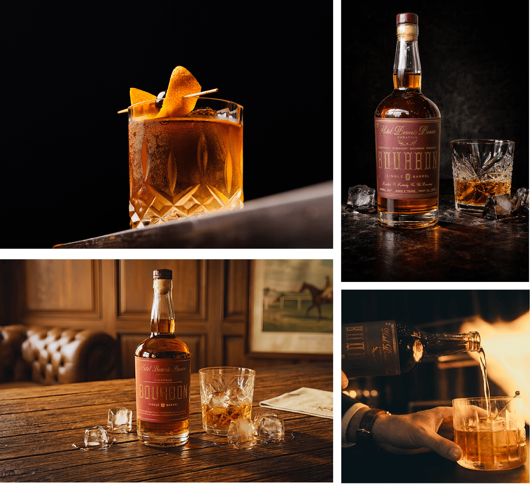 Collage of bourbon whiskey images: a glass with bourbon, orange peel, and cherry on a dark background; a bourbon bottle with a glass and ice cubes; the bottle alone in front of bourbon barrels; and the bottle standing on a red surface with a black backdrop.