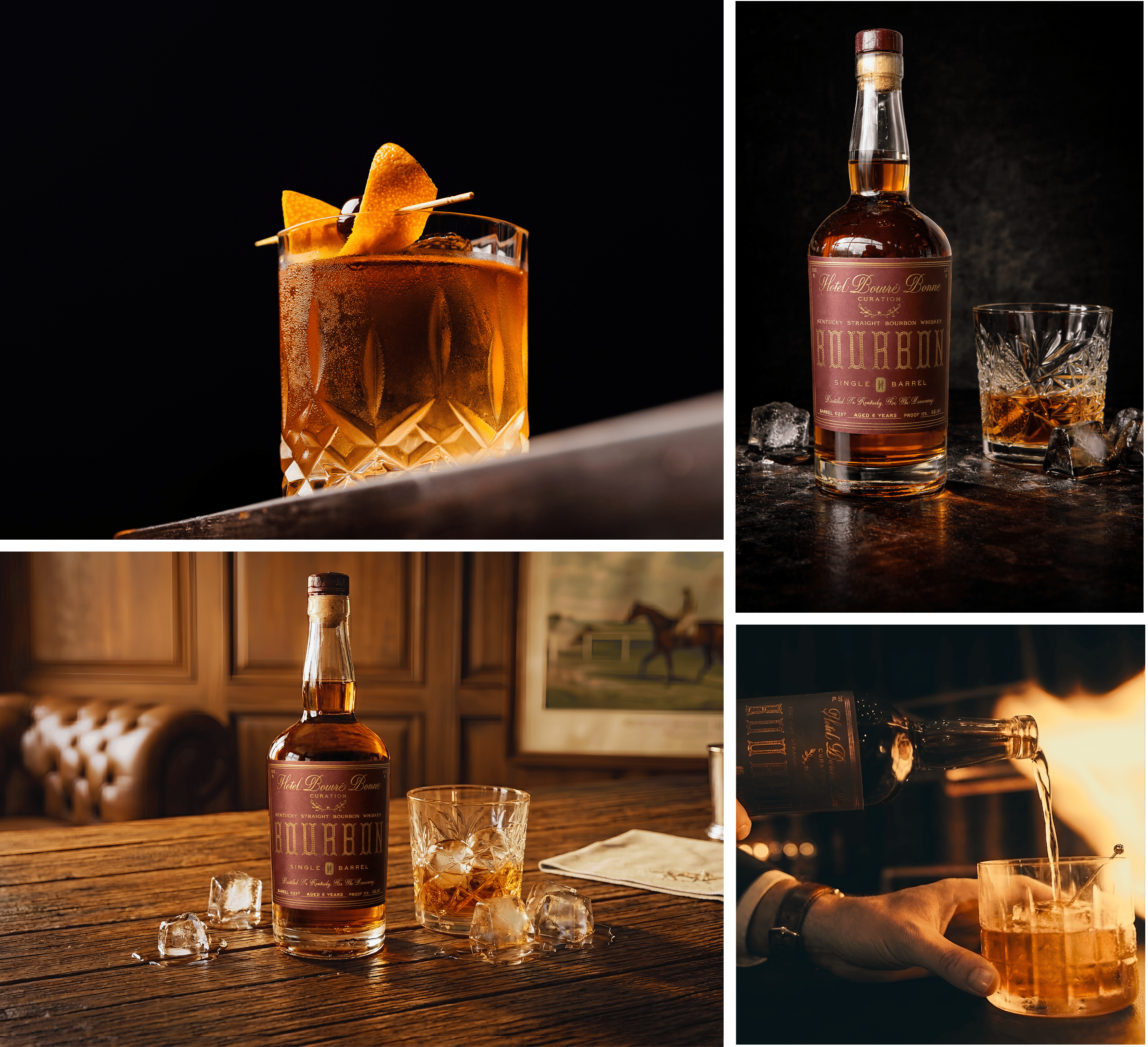Collage of bourbon whiskey images: a glass with bourbon, orange peel, and cherry on a dark background; a bourbon bottle with a glass and ice cubes; the bottle alone in front of bourbon barrels; and the bottle standing on a red surface with a black backdrop.