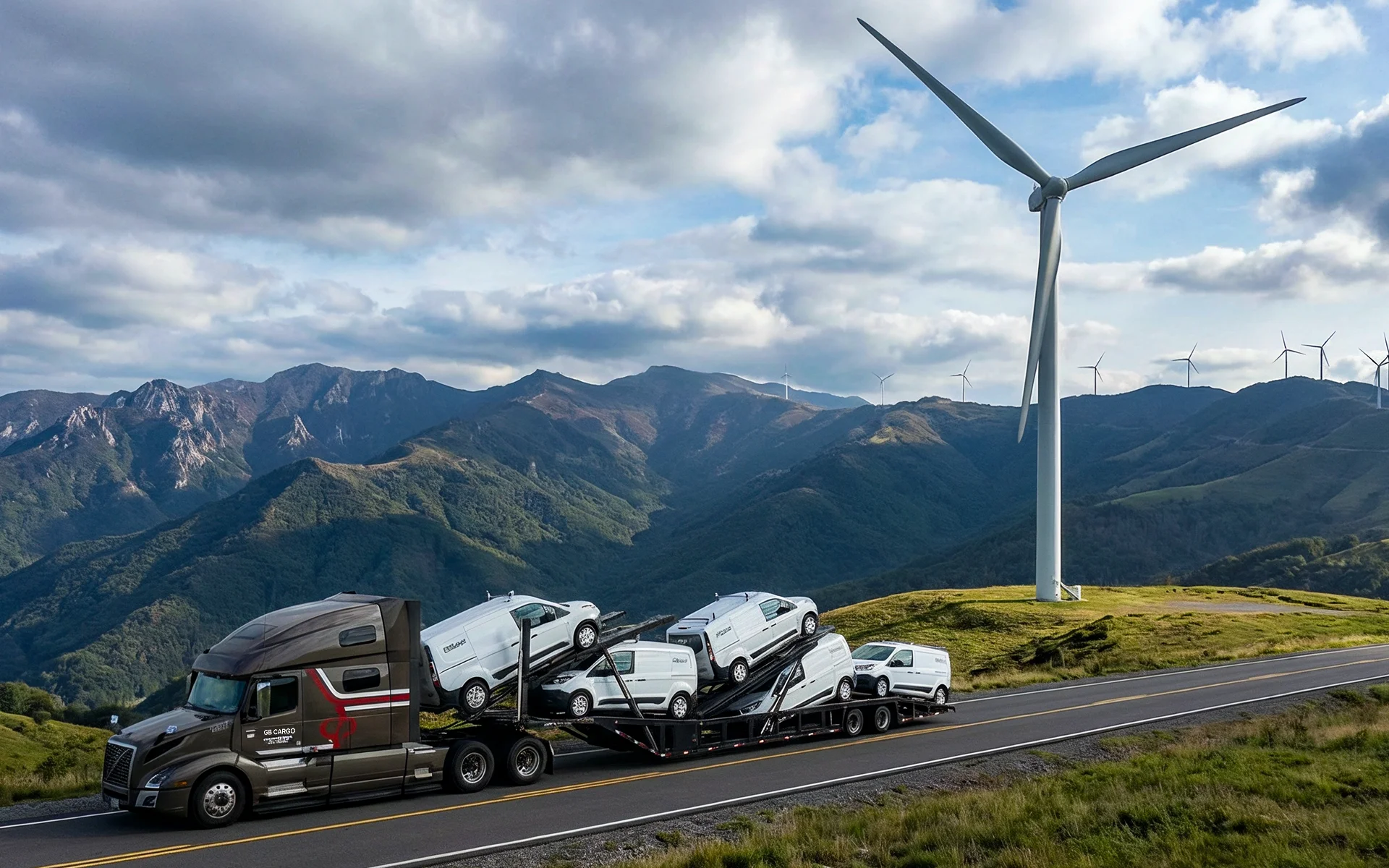 A GB Cargo car hauling truck loaded with cars driving through the mountains with windmills in the background.