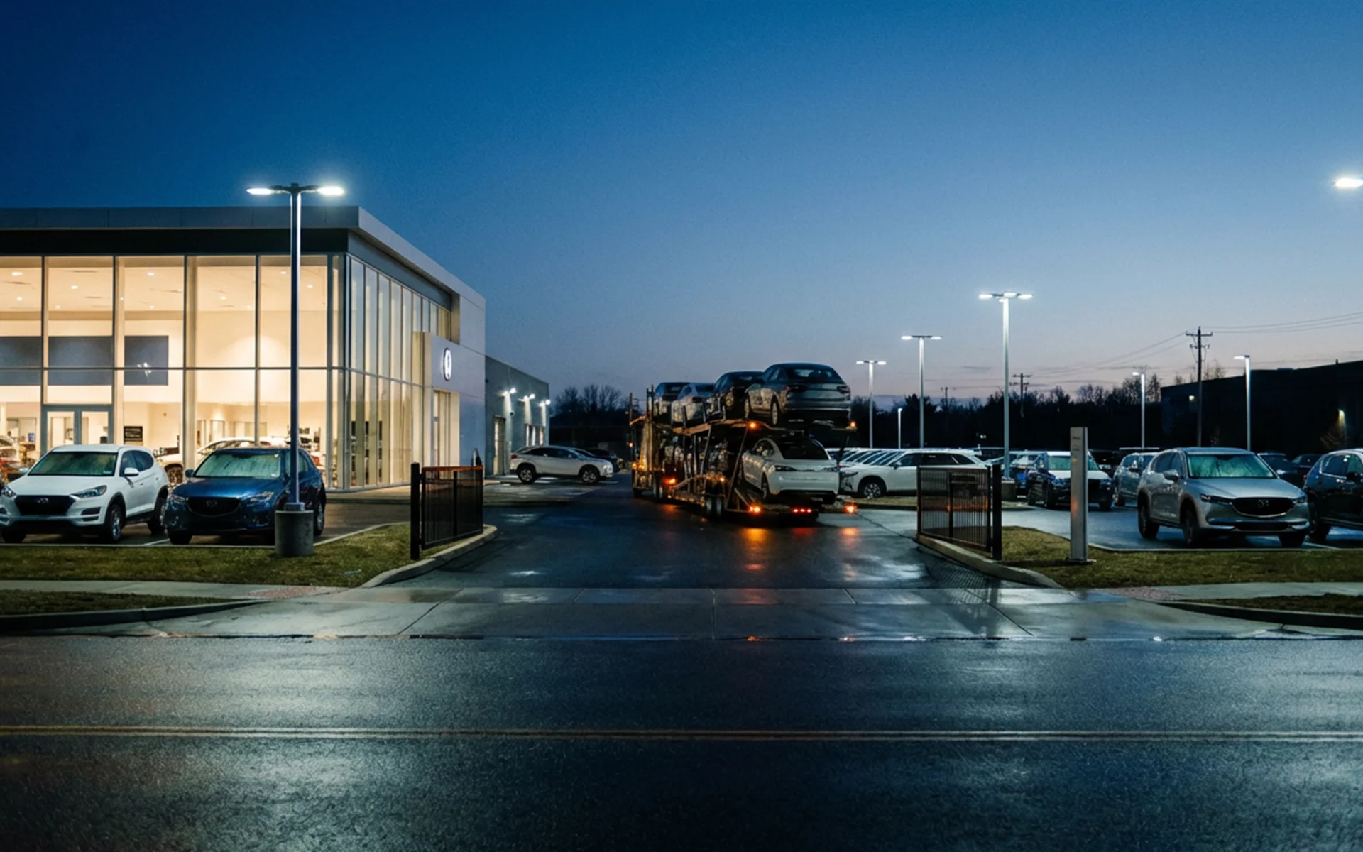 A car hauling truck on a dealer parking lot in a late evening.