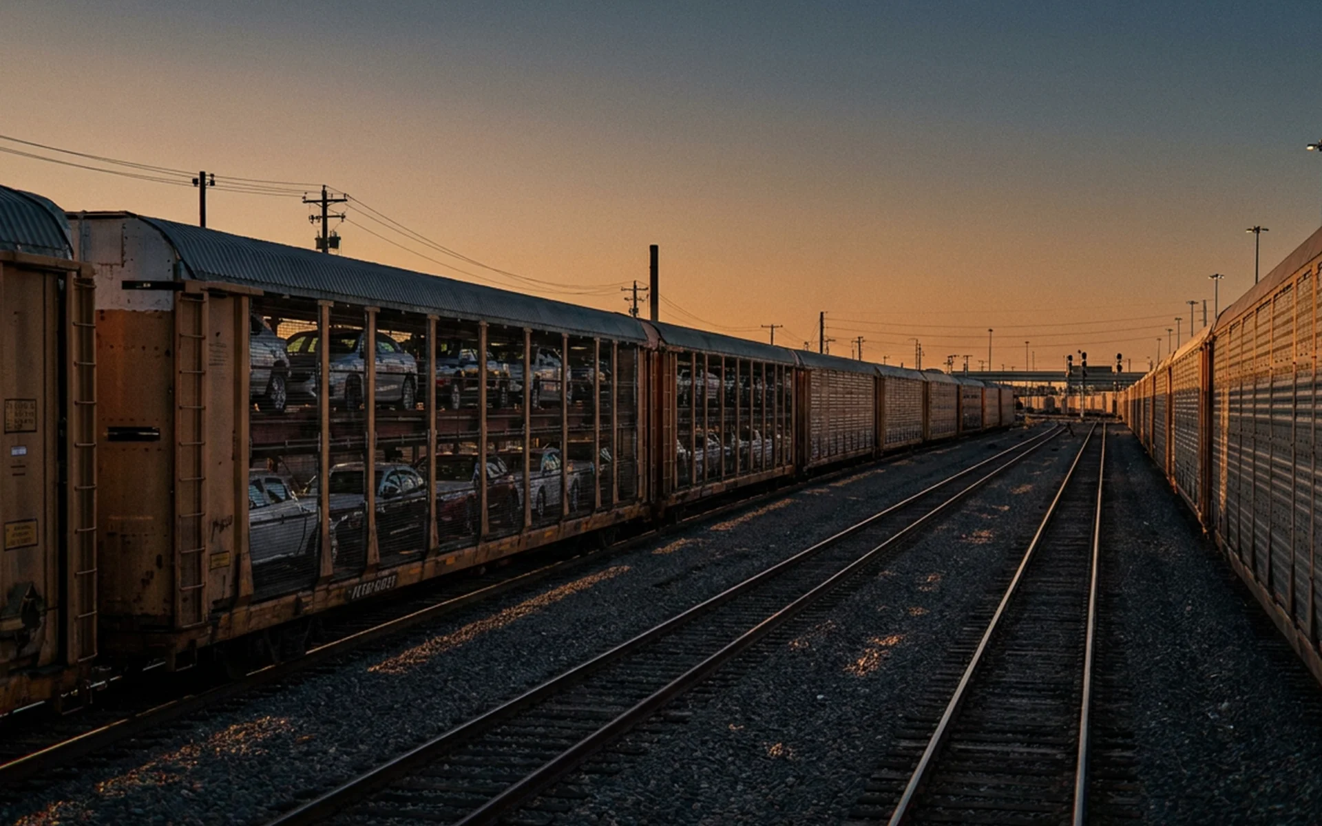 A freight train loaded with automobiles sits on parallel tracks in a railyard during sunset.