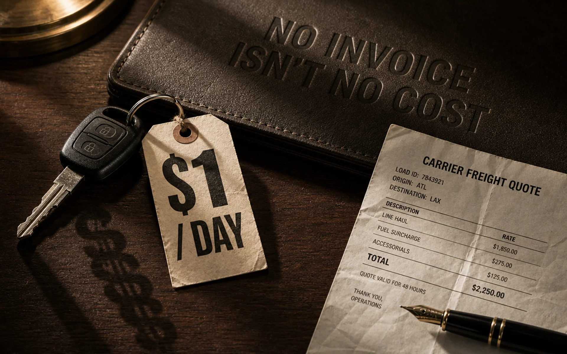 A dark wooden desk displaying a leather folder embossed with "NO INVOICE ISN'T NO COST", a car key tagged "$1 / DAY", a carri