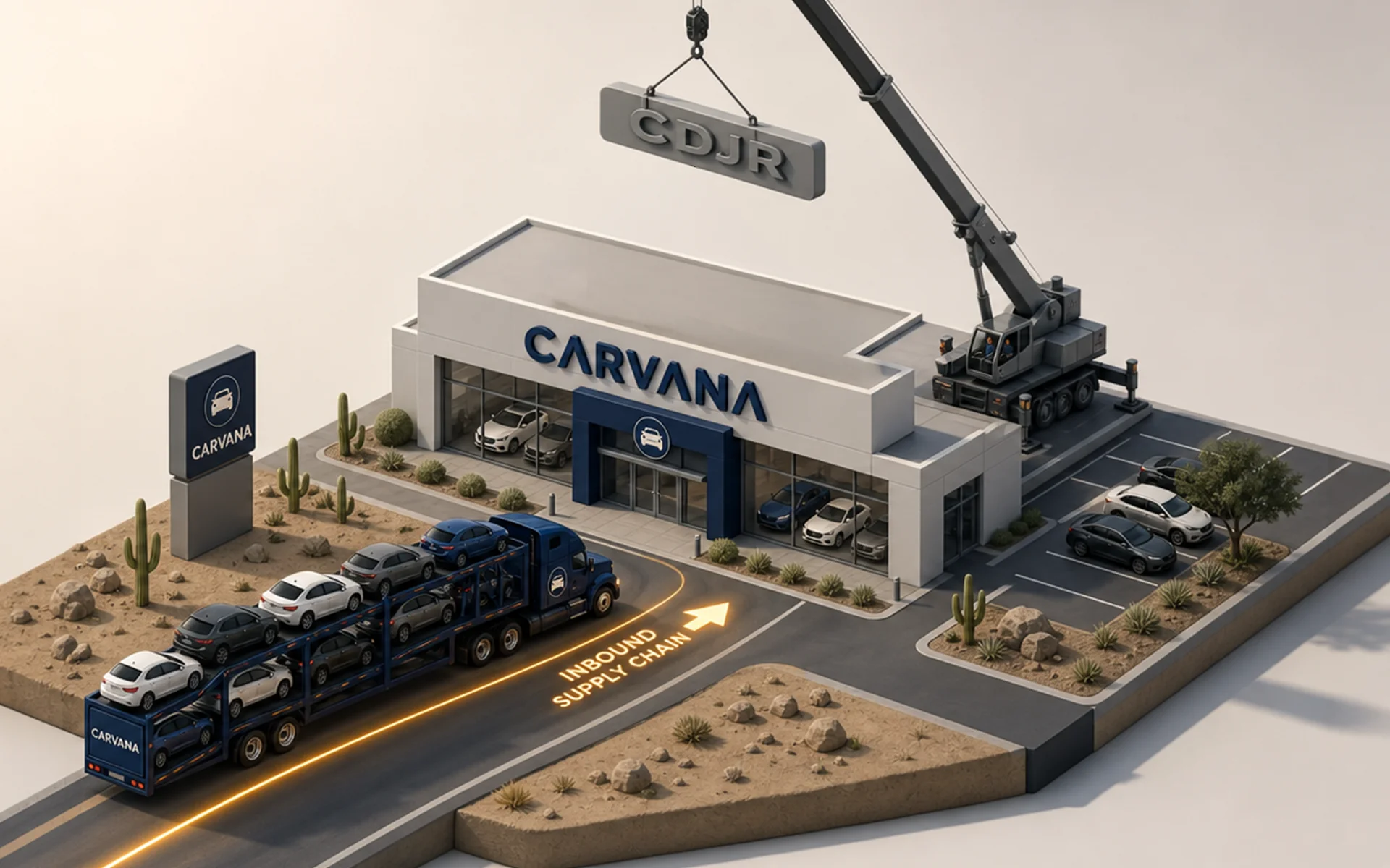 An isometric 3D illustration of a Carvana dealership where a crane lowers "CDJR" letters onto the roof, while a loaded car ha